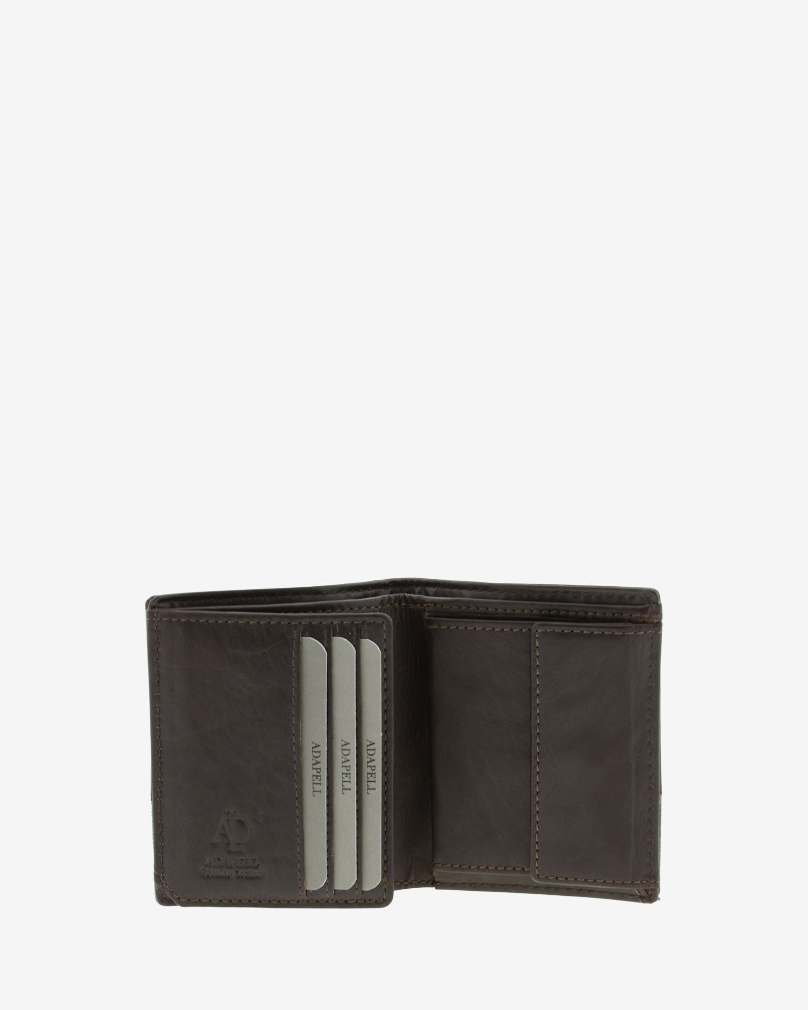 Cartera de hombre de piel genuina en color marrón chocolate, vista interior mostrando compartimentos y monedero, referencia 1617-2