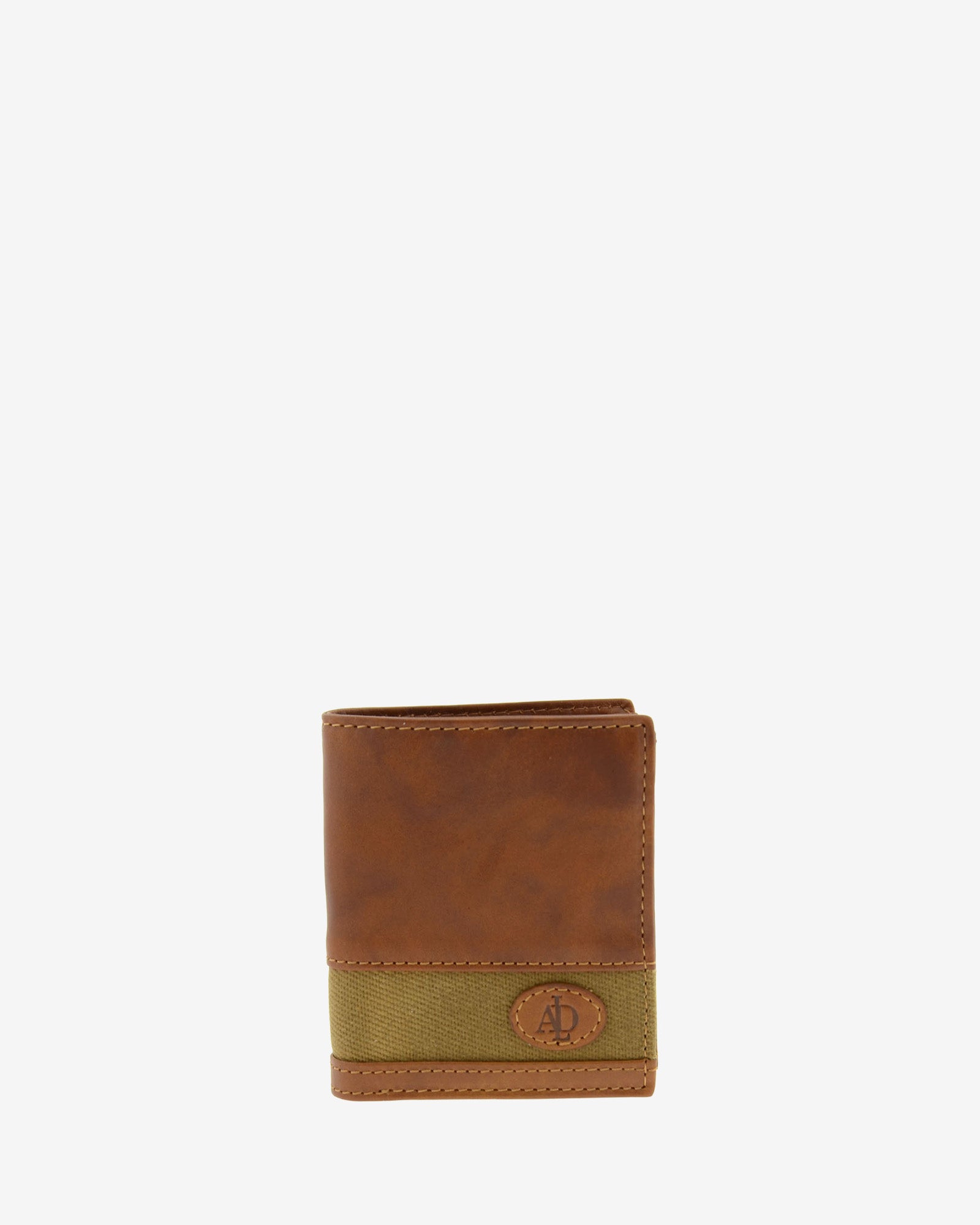 Cartera de hombre de piel genuina en color cuero y tira de canvas marrón claro, vista frontal plana, referencia 1617-6