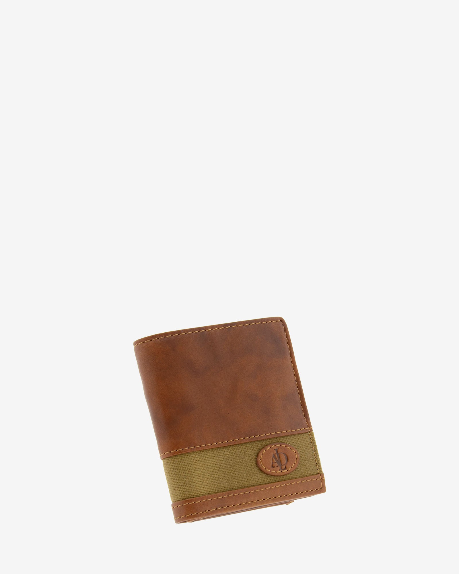 Cartera de hombre de piel genuina en color cuero y tira de canvas marrón claro, vista frontal mostrando diseño y volumen, referencia 1617-6