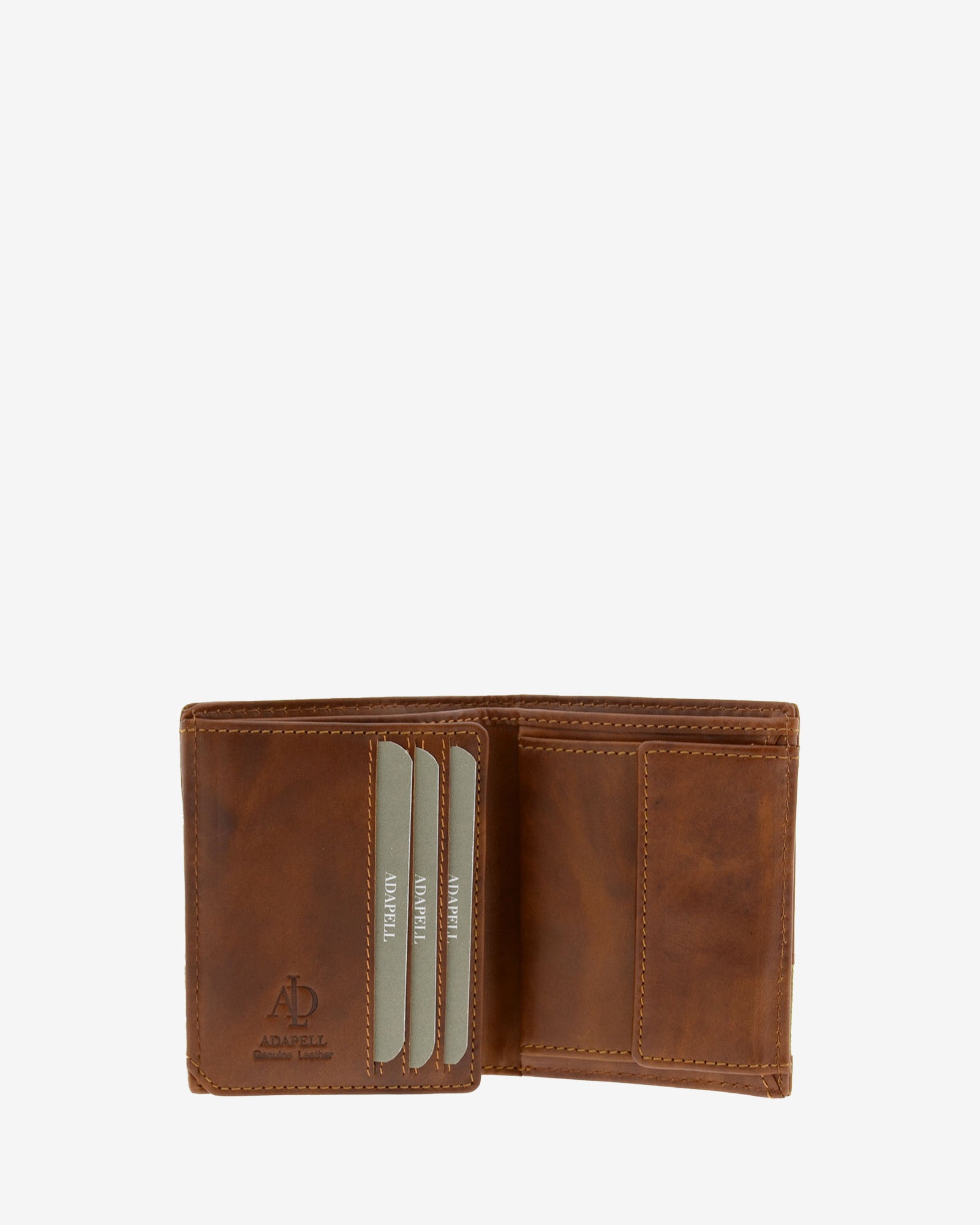Cartera de hombre de piel genuina en color cuero, vista interior mostrando compartimentos y monedero, referencia 1617-6