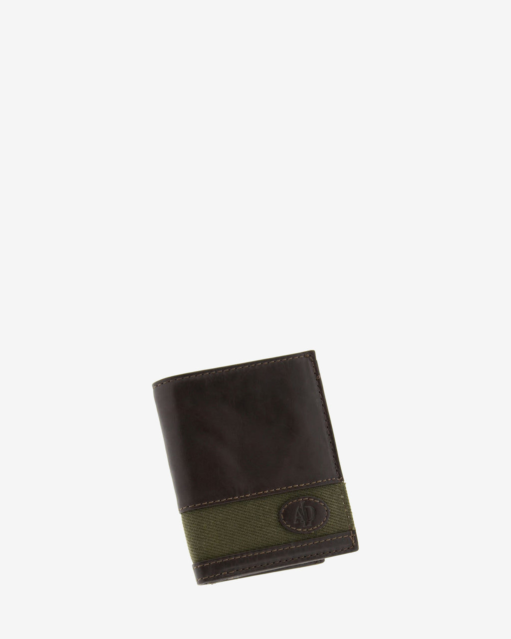 Cartera de hombre de piel genuina en color marrón chocolate y tira de canvas verde, vista frontal mostrando diseño y volumen, referencia 1618-2