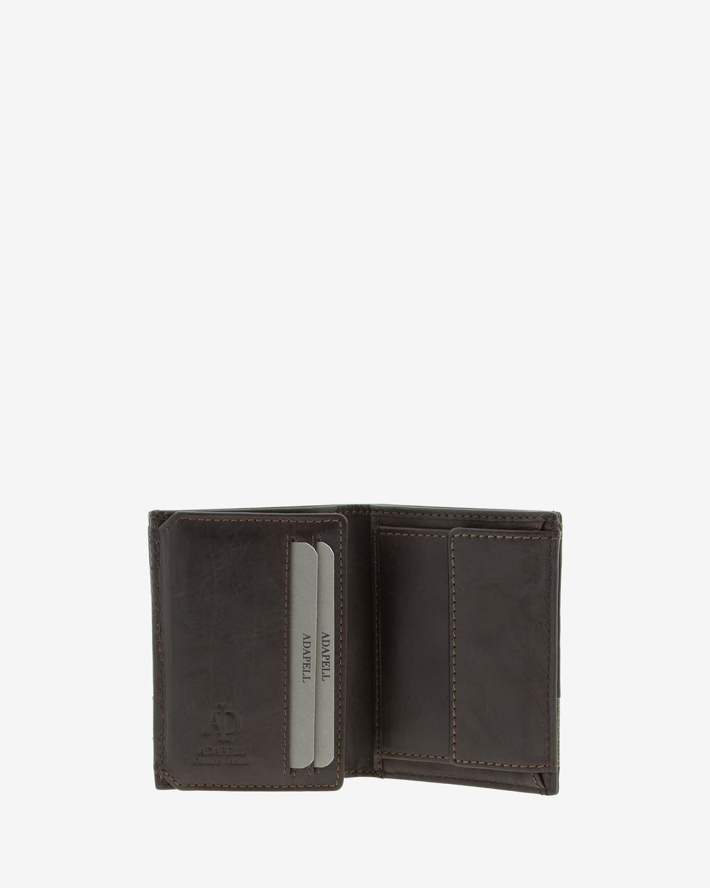 Cartera de hombre de piel genuina en color marrón chocolate, vista interior mostrando compartimentos y monedero, referencia 1618-2