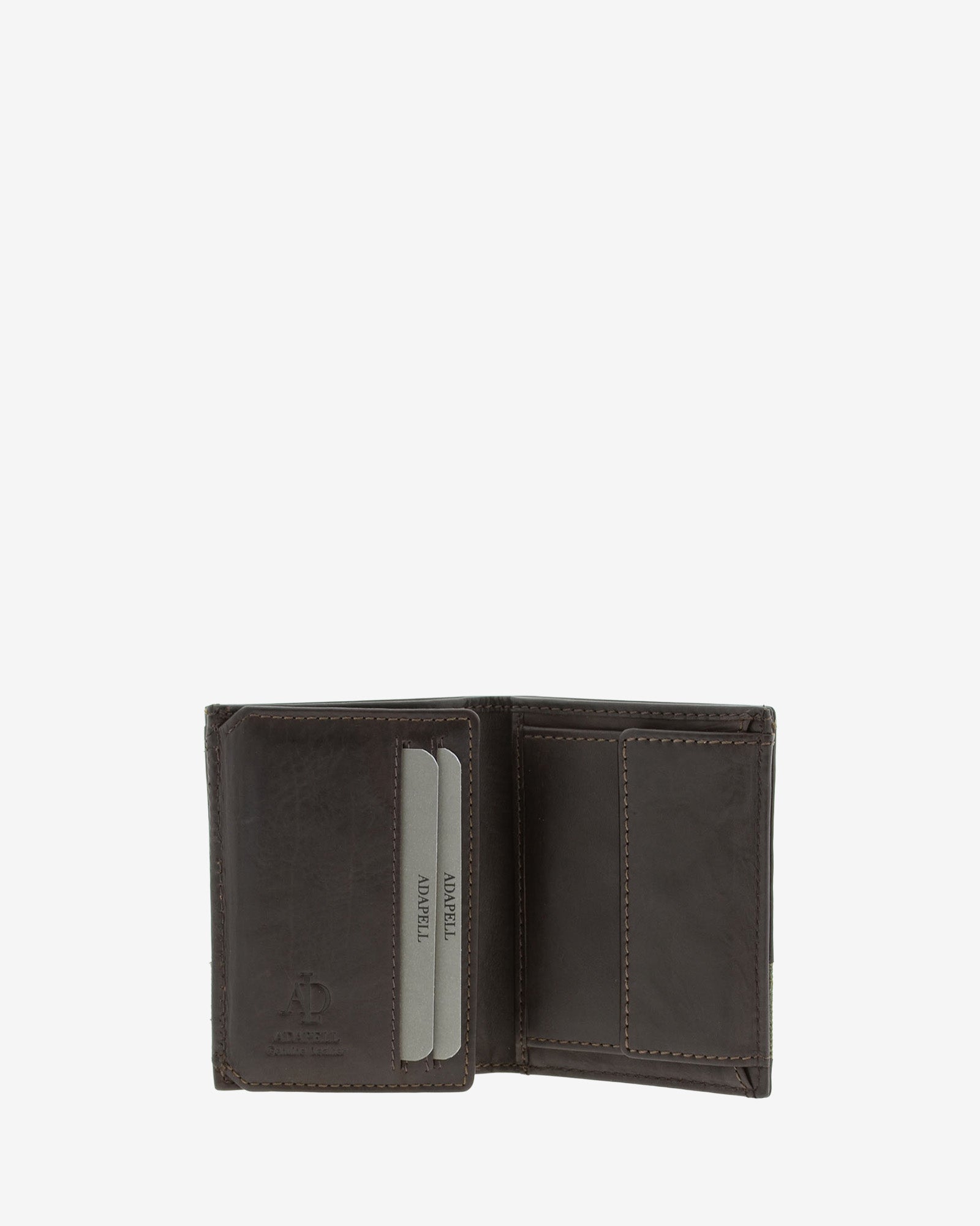 Cartera de hombre de piel genuina en color marrón chocolate, vista interior mostrando compartimentos y monedero, referencia 1618-2