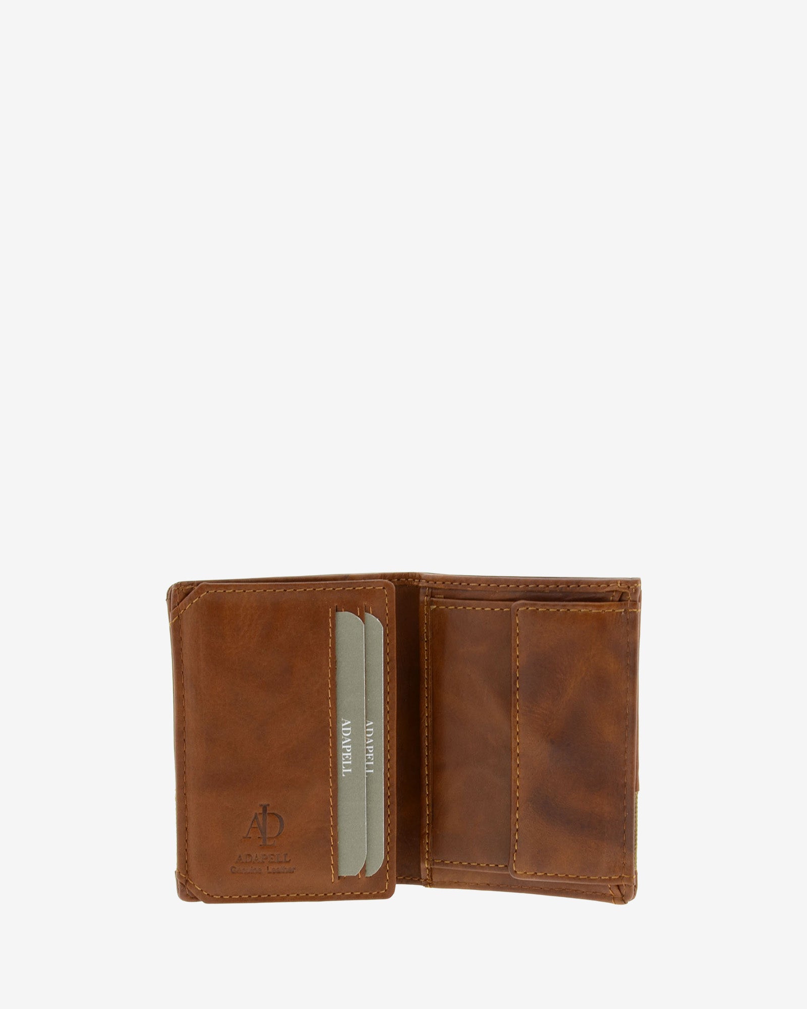 Cartera de hombre de piel genuina en color cuero, vista interior mostrando compartimentos y monedero, referencia 1618-6
