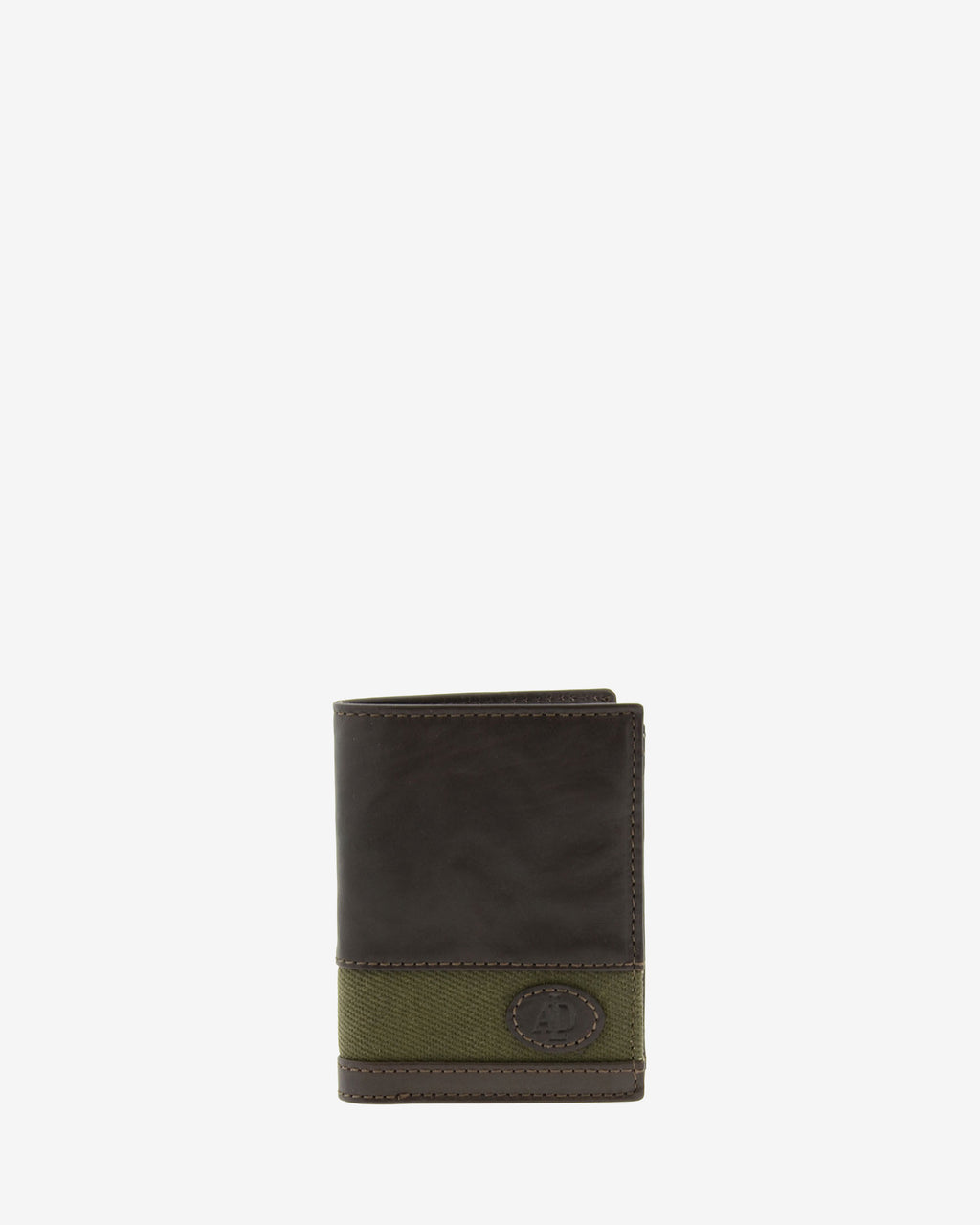 Cartera de hombre pequeña de piel genuina en color marrón chocolate y tira de canvas verde, vista frontal plana, referencia 1619-2