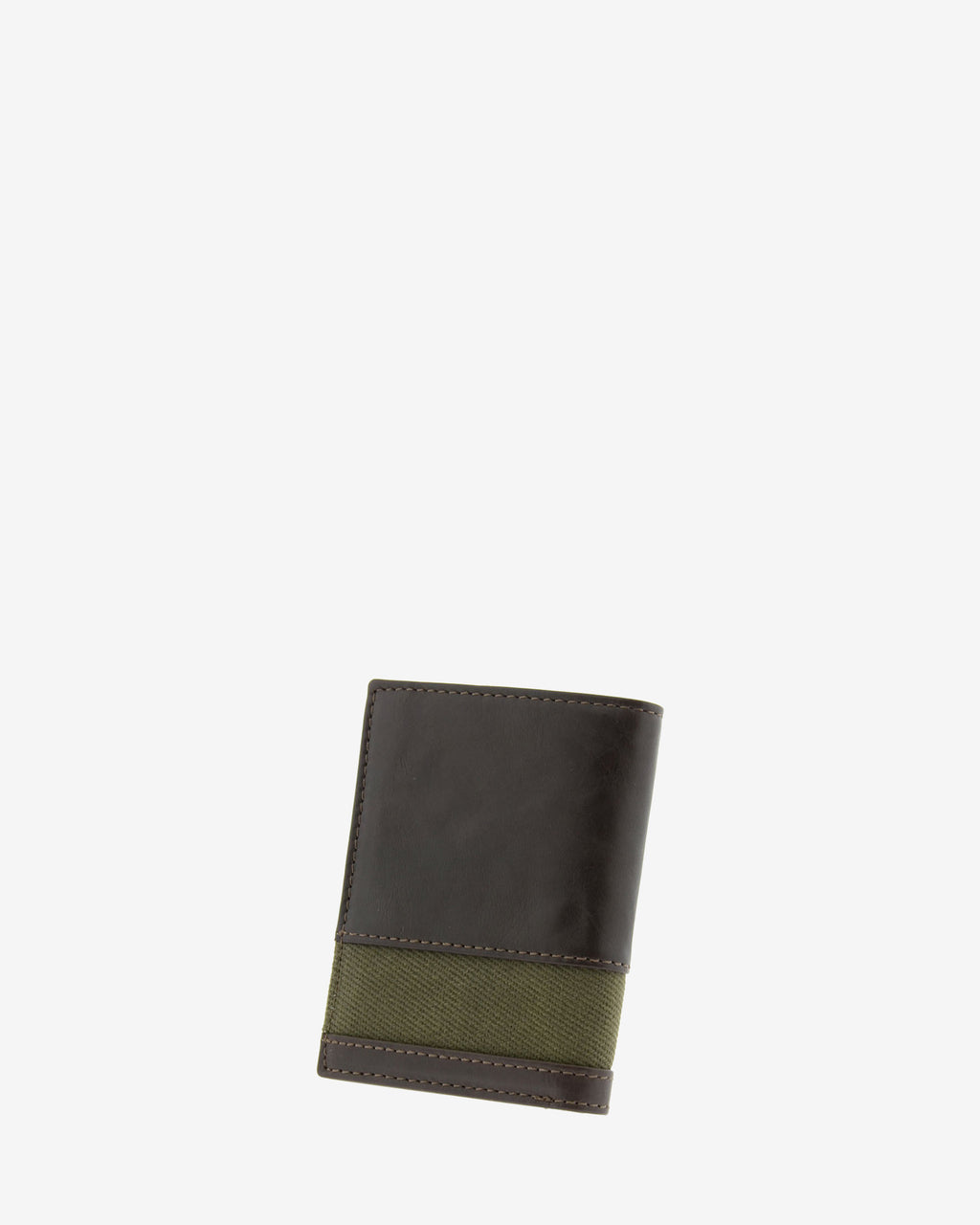 Cartera de hombre pequeña de piel genuina en color marrón chocolate y tira de canvas verde, vista trasera, referencia 1619-2