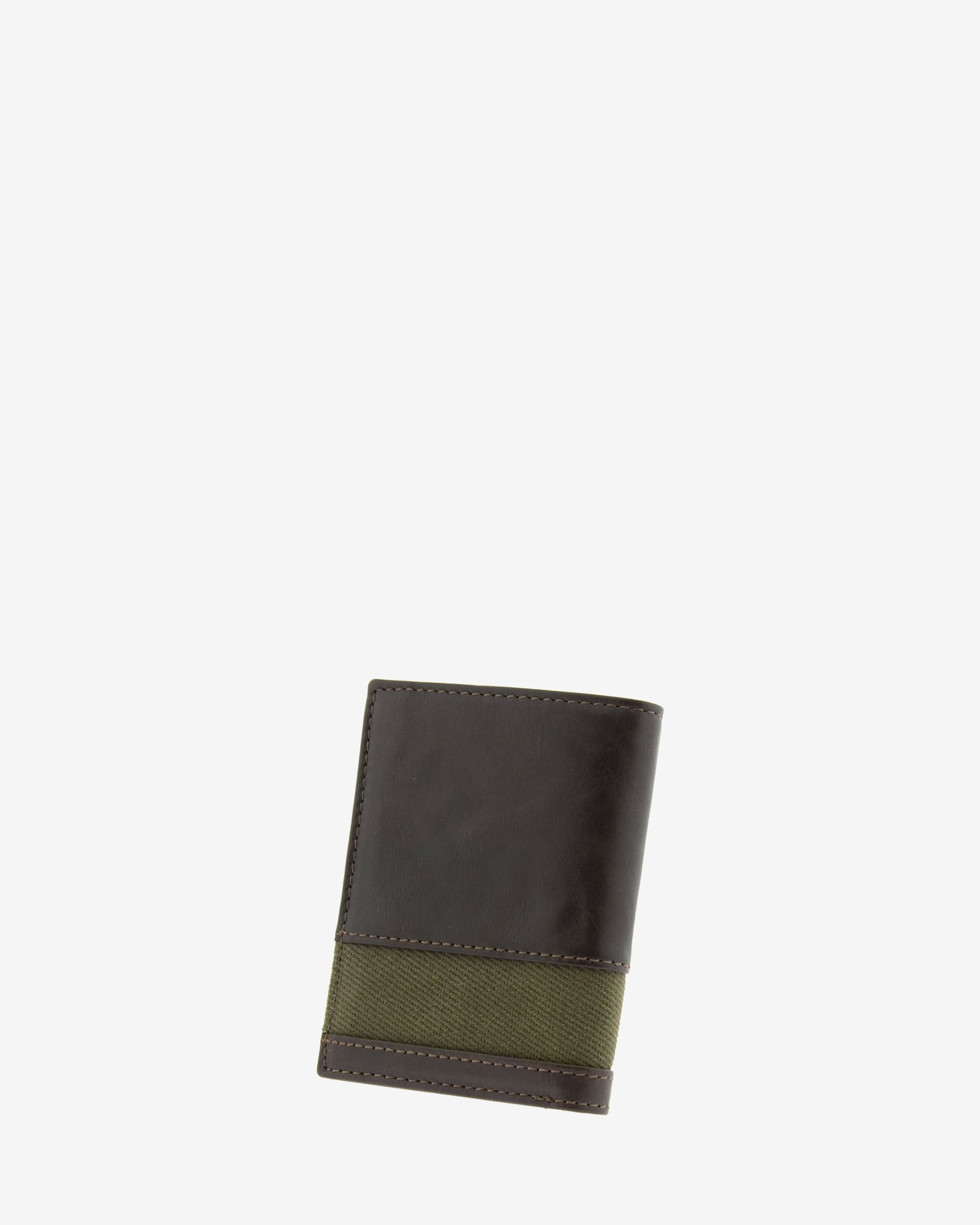 Cartera de hombre pequeña de piel genuina en color marrón chocolate y tira de canvas verde, vista trasera, referencia 1619-2