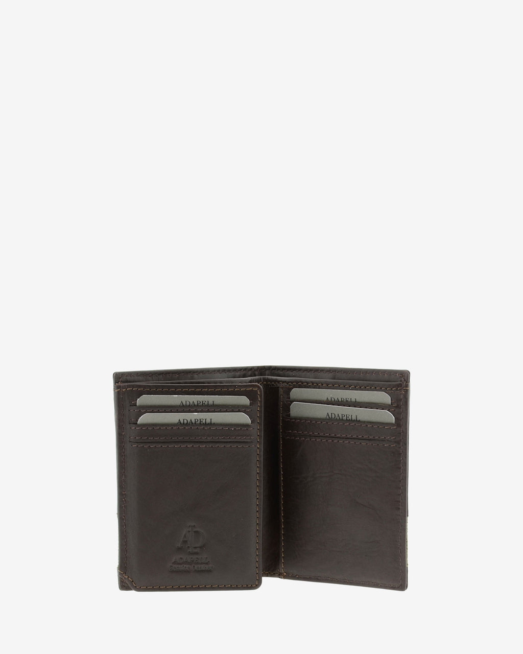 Cartera de hombre pequeña de piel genuina en color marrón chocolate, vista interior mostrando compartimentos , referencia 1619-2
