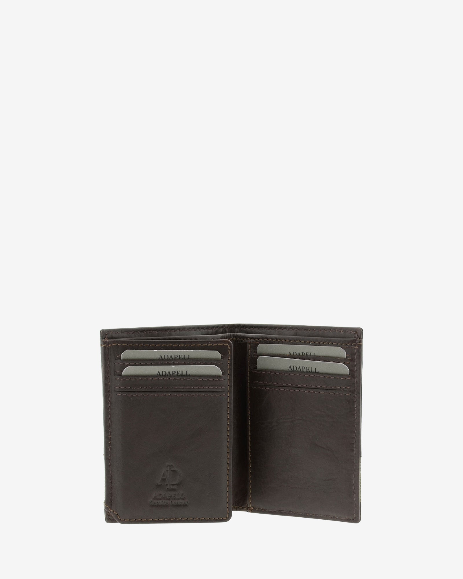 Cartera de hombre pequeña de piel genuina en color marrón chocolate, vista interior mostrando compartimentos , referencia 1619-2