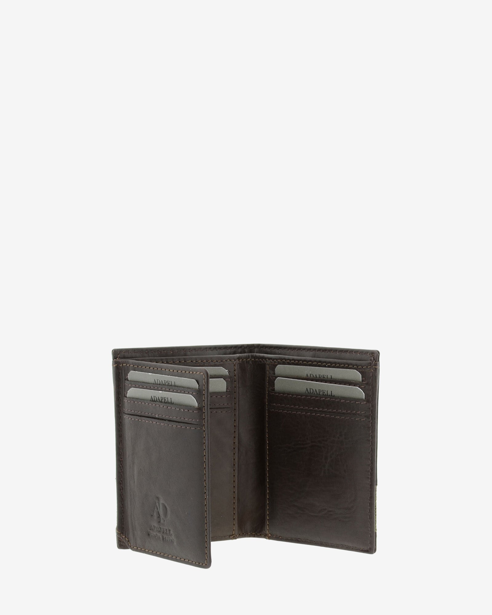 Cartera de hombre pequeña de piel genuina en color marrón chocolate, vista interior abierta mostrando compartimentos , referencia 1619-2