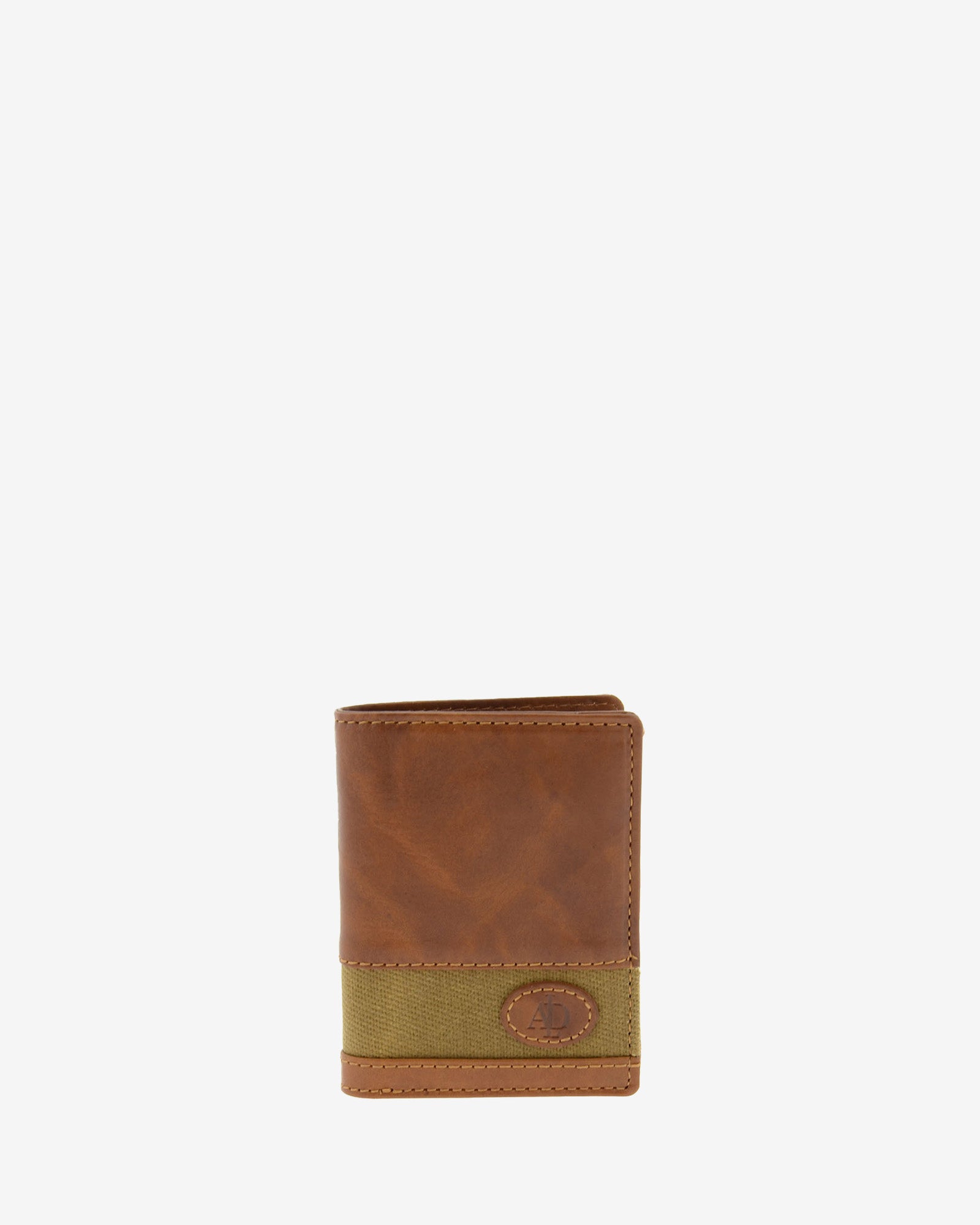 Cartera de hombre pequeña de piel genuina en color cuero y tira de canvas marrón claro, vista frontal plana, referencia 1619-6
