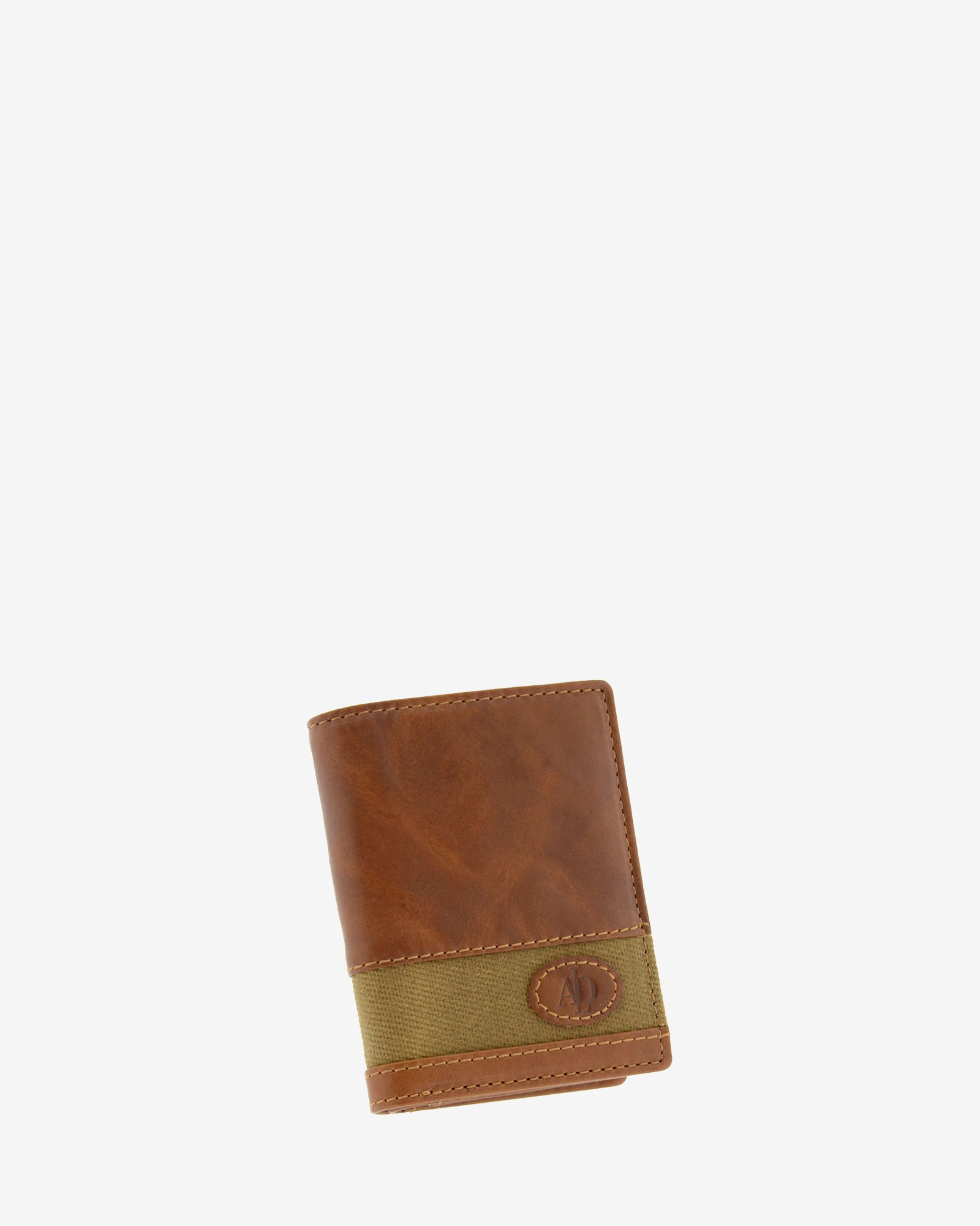 Cartera de hombre pequeña de piel genuina en color cuero y tira de canvas marrón claro, vista frontal mostrando diseño y volumen, referencia 1619-6