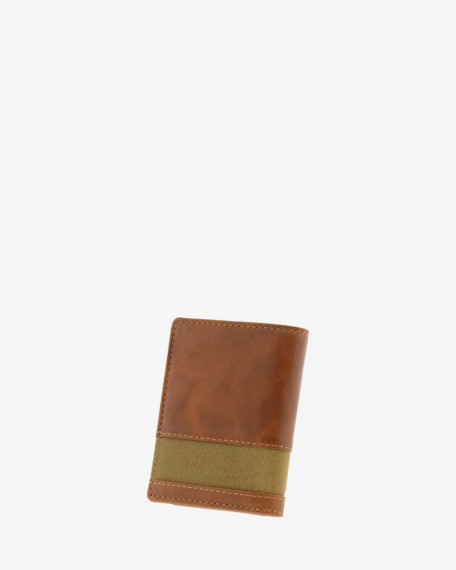 Cartera de hombre pequeña de piel genuina en color cuero y tira de canvas marrón claro, vista trasera, referencia 1619-6