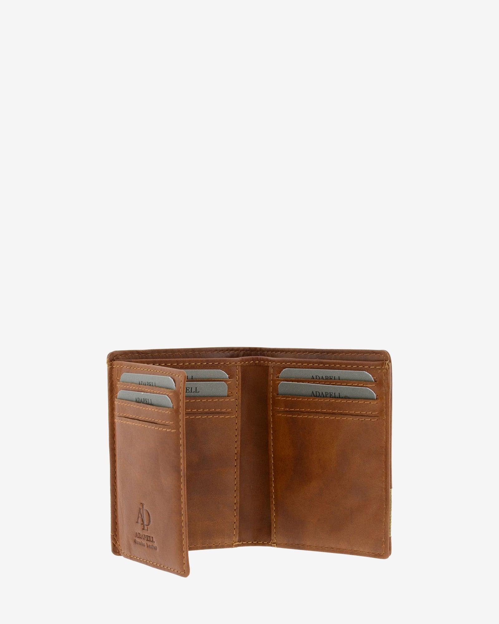 Cartera de hombre pequeña de piel genuina en color cuero, vista interior abierta mostrando compartimentos, referencia 1619-6