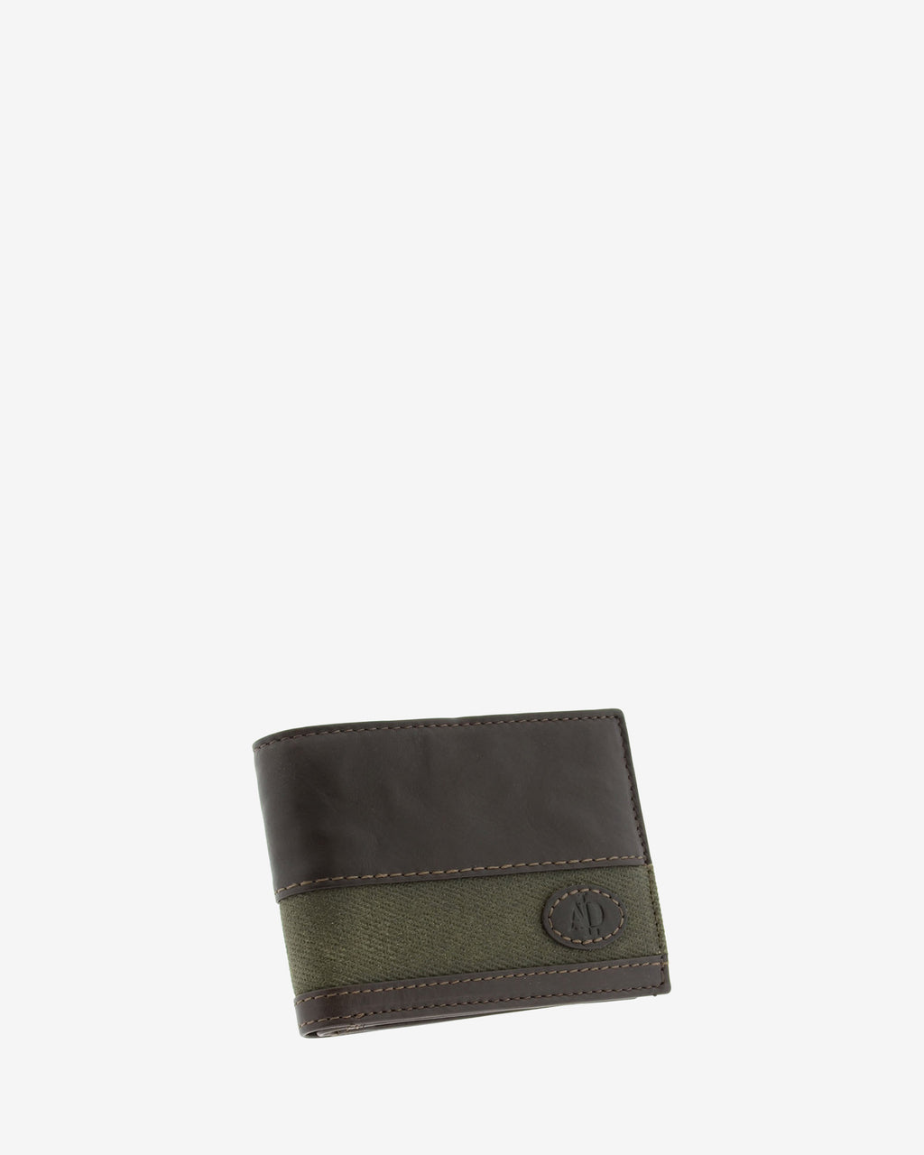 Cartera de hombre pequeña de piel genuina en color marrón chocolate y tira de canvas verde, vista frontal mostrando diseño y volumen, referencia 1620-2