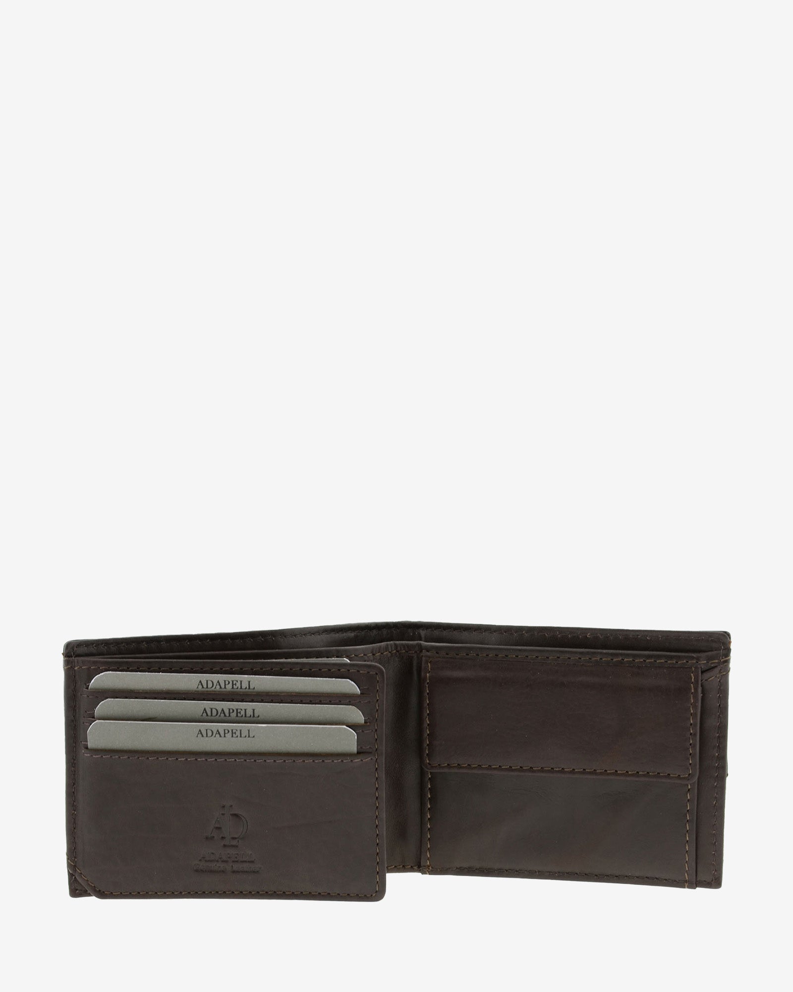 Cartera de hombre pequeña de piel genuina en color marrón chocolate, vista interior mostrando compartimentos y monedero, referencia 1620-2