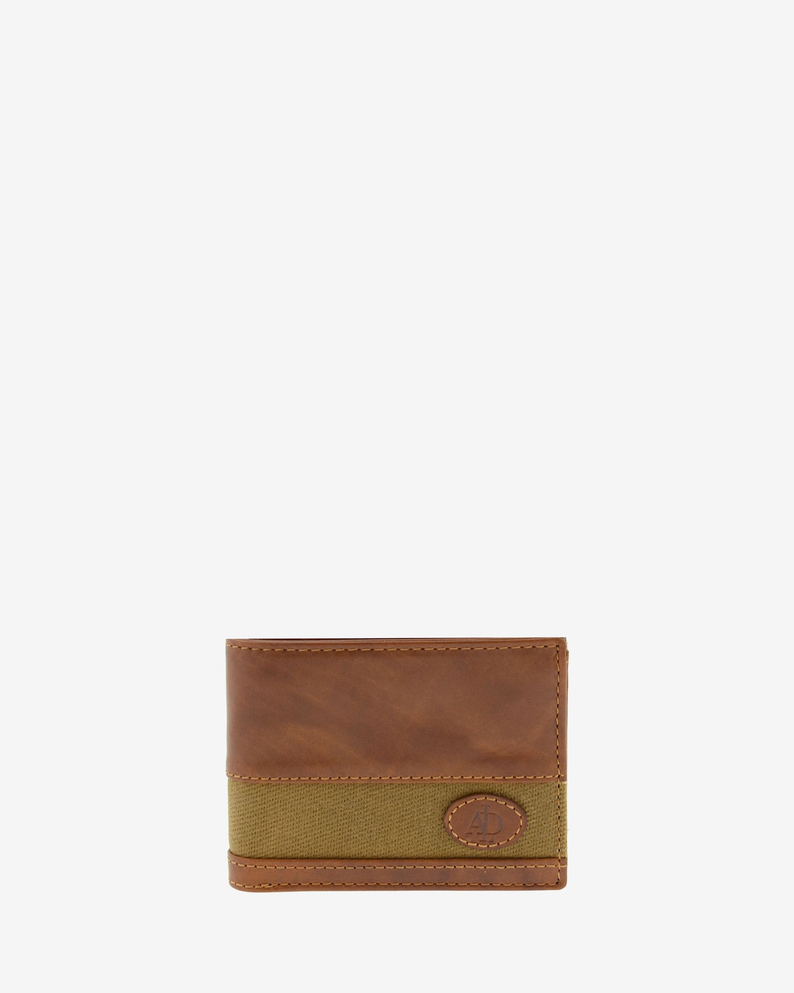 Cartera de hombre pequeña de piel genuina en color cuero y tira de canvas marrón claro, vista frontal plana, referencia 1620-6