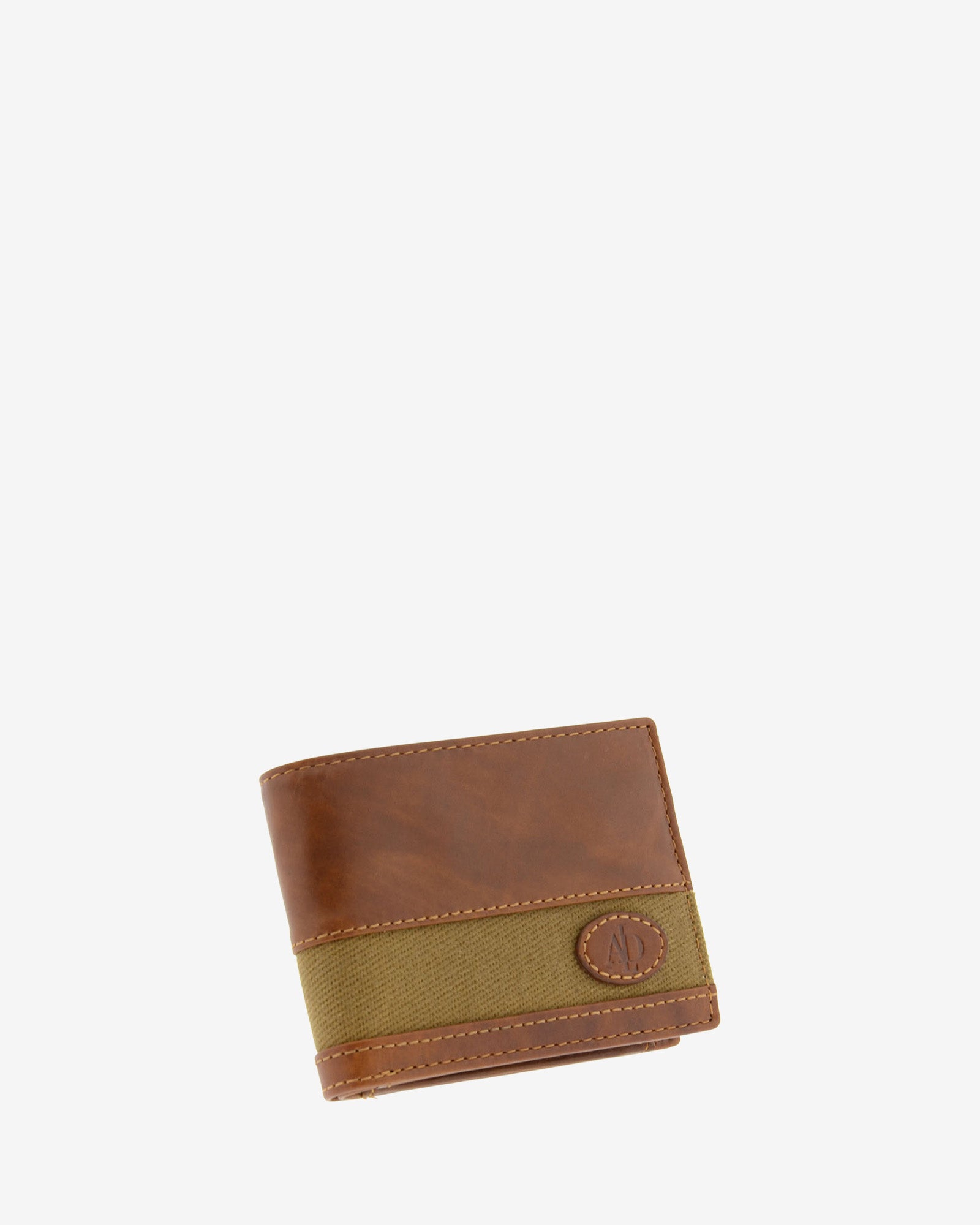 Cartera de hombre pequeña de piel genuina en color cuero y tira de canvas marrón claro, vista frontal mostrando diseño y volumen, referencia 1620-6