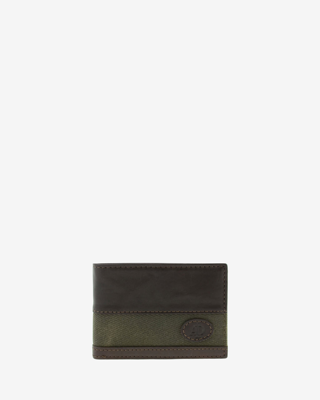 Cartera de hombre pequeña de piel genuina en color marrón chocolate y tira de canvas verde, vista frontal plana, referencia 1621-2