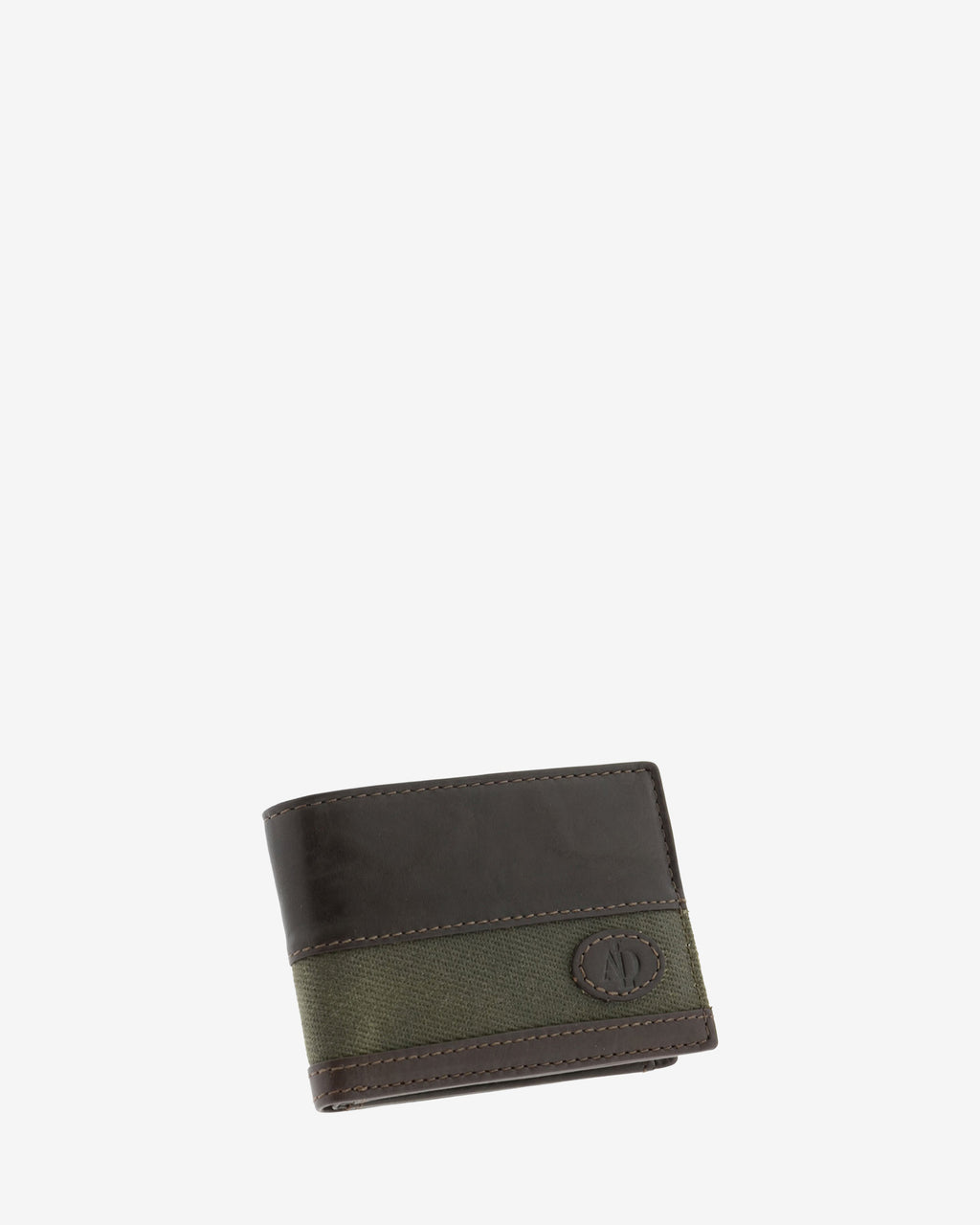 Cartera de hombre pequeña de piel genuina en color marrón chocolate y tira de canvas verde, vista frontal mostrando diseño y volumen, referencia 1621-2