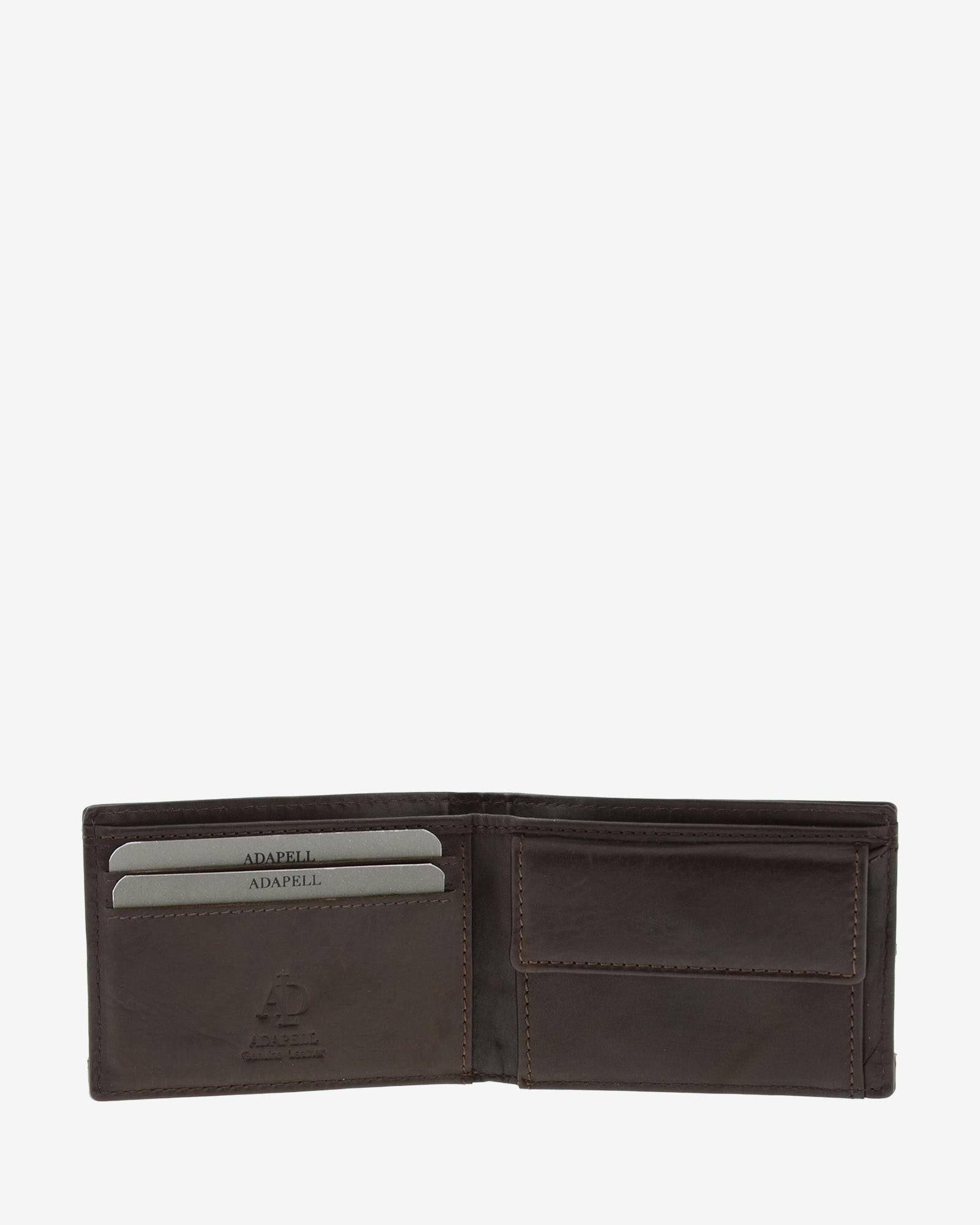 Cartera de hombre pequeña de piel genuina en color marrón chocolate, vista interior mostrando compartimentos y monedero, referencia 1621-2
