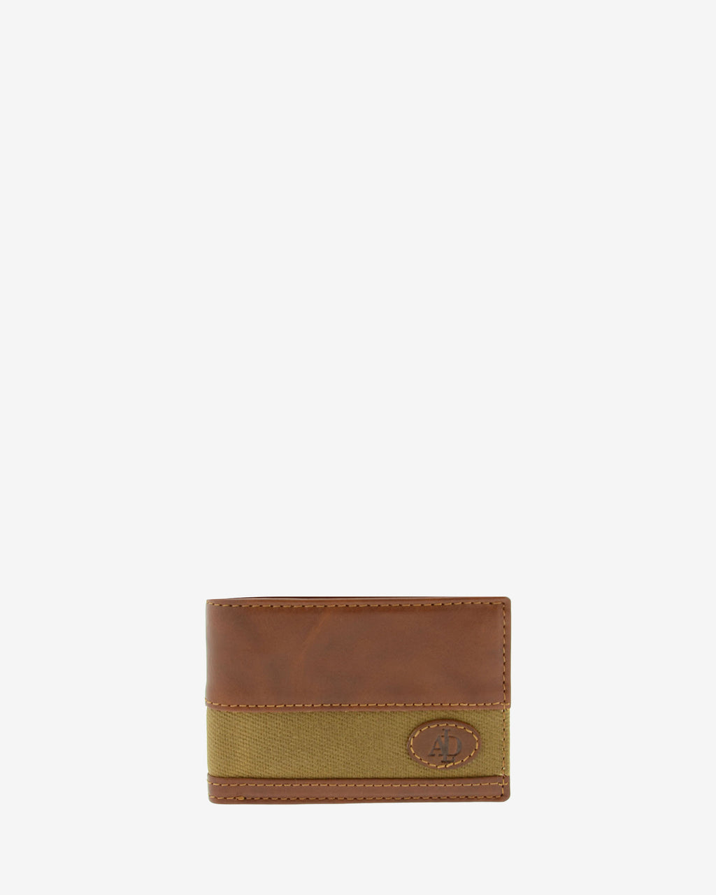 Cartera de hombre pequeña de piel genuina en color cuero y tira de canvas marrón claro, vista frontal plana, referencia 1621-6