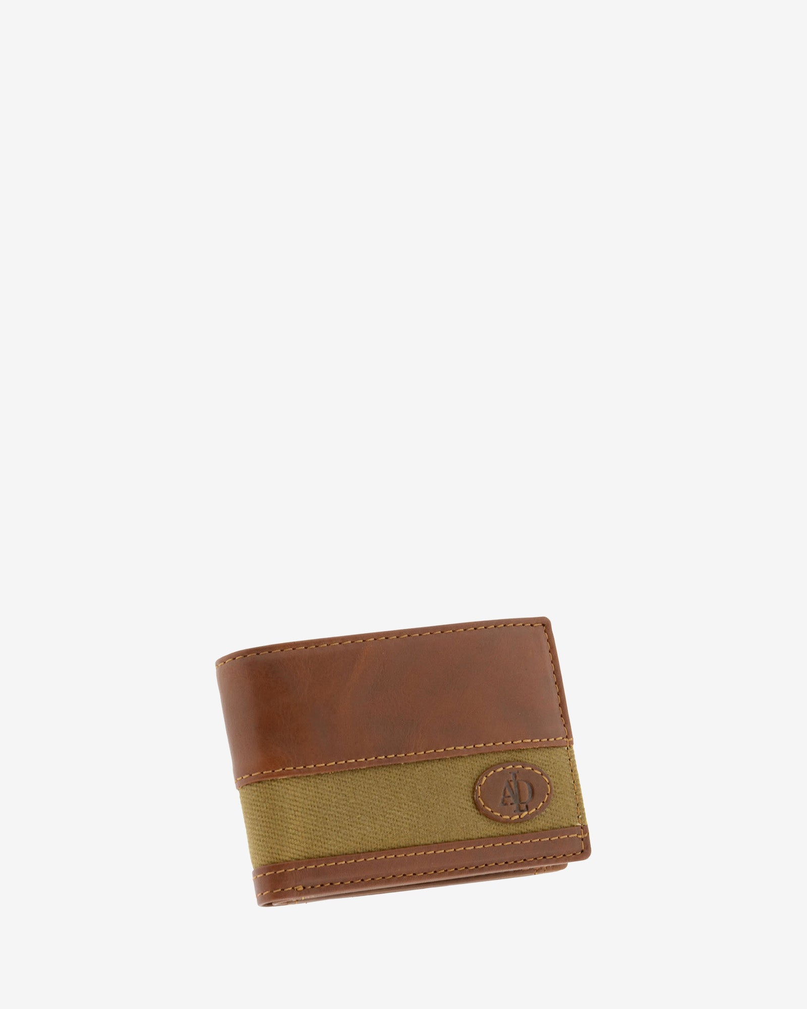 Cartera de hombre pequeña de piel genuina en color cuero y tira de canvas marrón claro, vista frontal mostrando diseño y volumen, referencia 1621-6