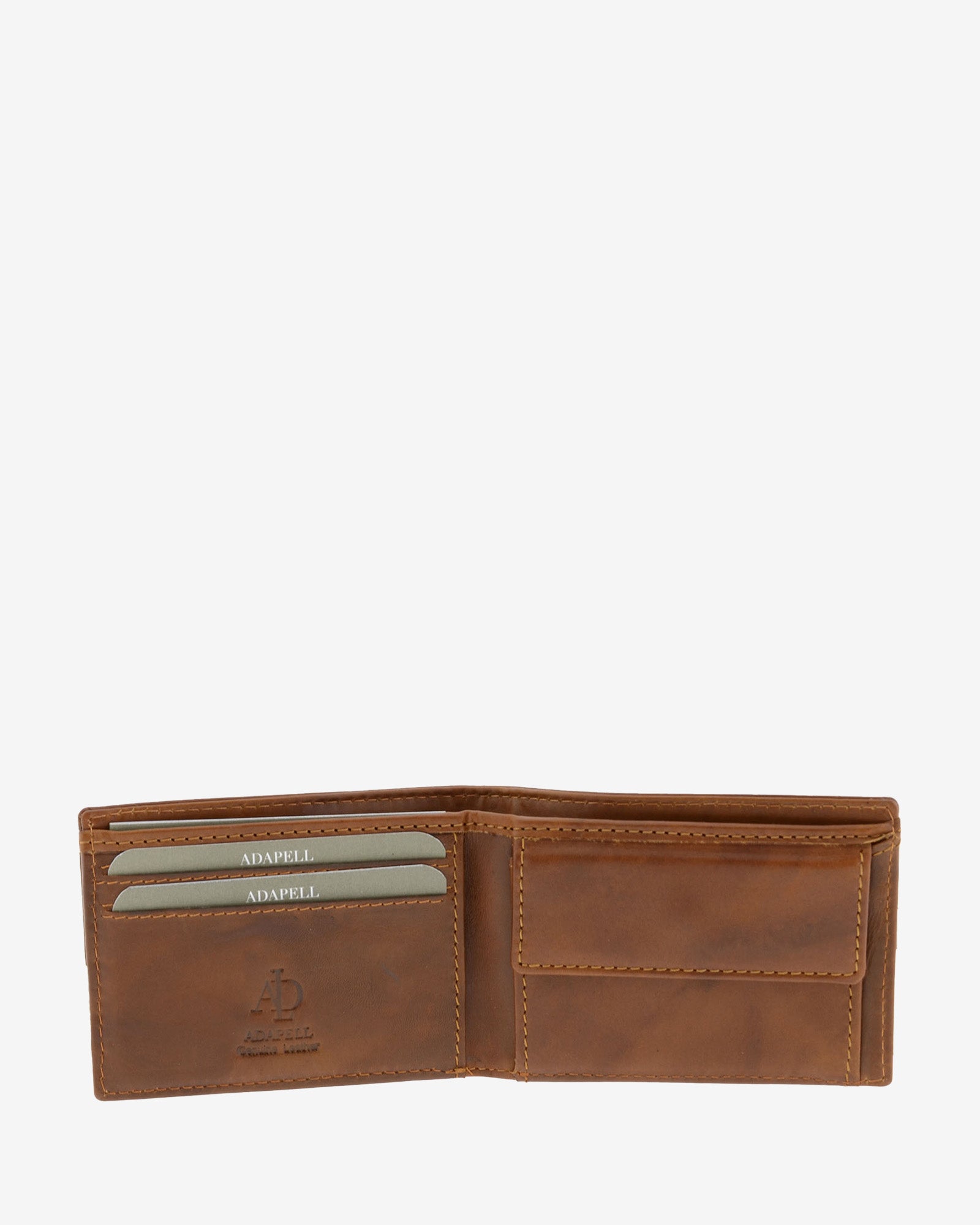 Cartera de hombre pequeña de piel genuina en color cuero, vista interior mostrando compartimentos y monedero, referencia 1621-6