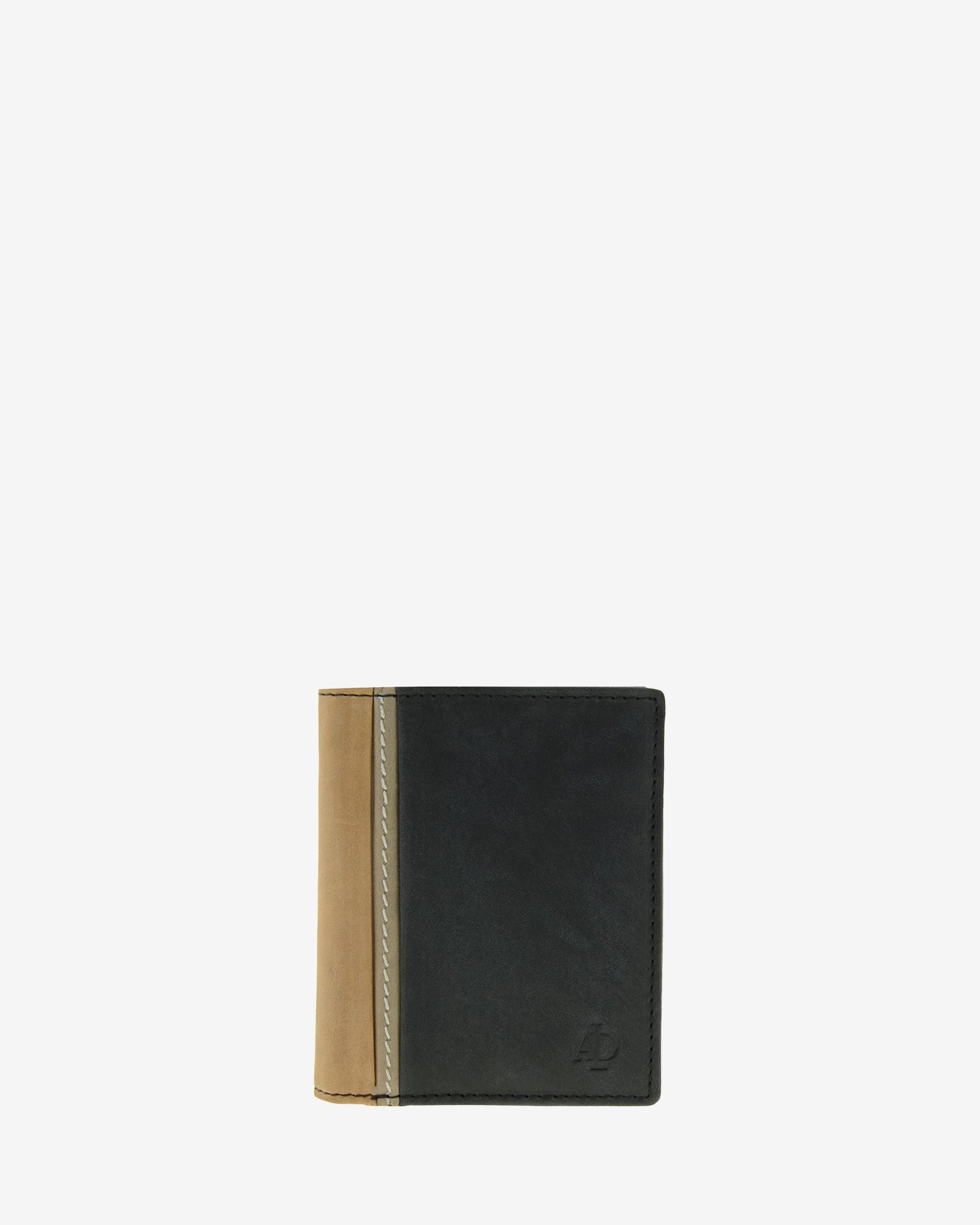 Cartera de hombre de piel genuina en color negro con marrón claro, vista frontal plana, referencia 1642-1