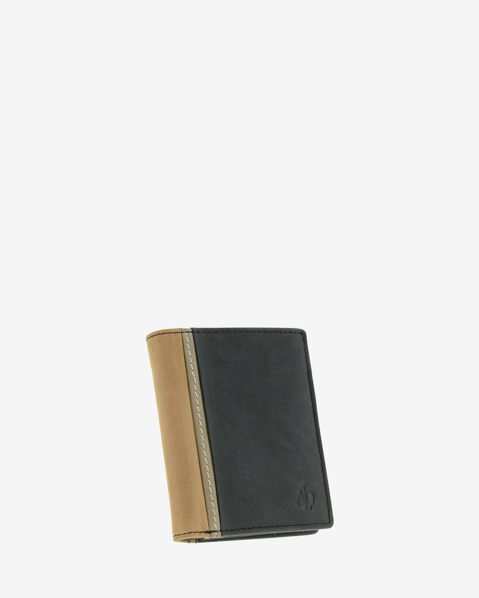 Cartera de hombre de piel genuina en color negro con marrón claro, vista frontal mostrando diseño y volumen, referencia 1642-1