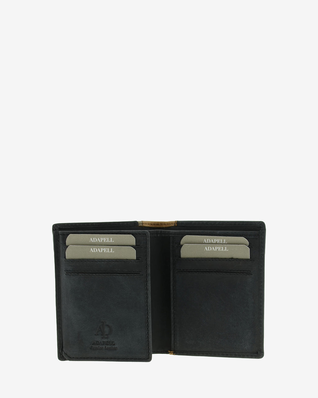 Cartera de hombre de piel genuina en color negro con marrón claro, vista interior mostrando compartimentos interiores, referencia 1642-1