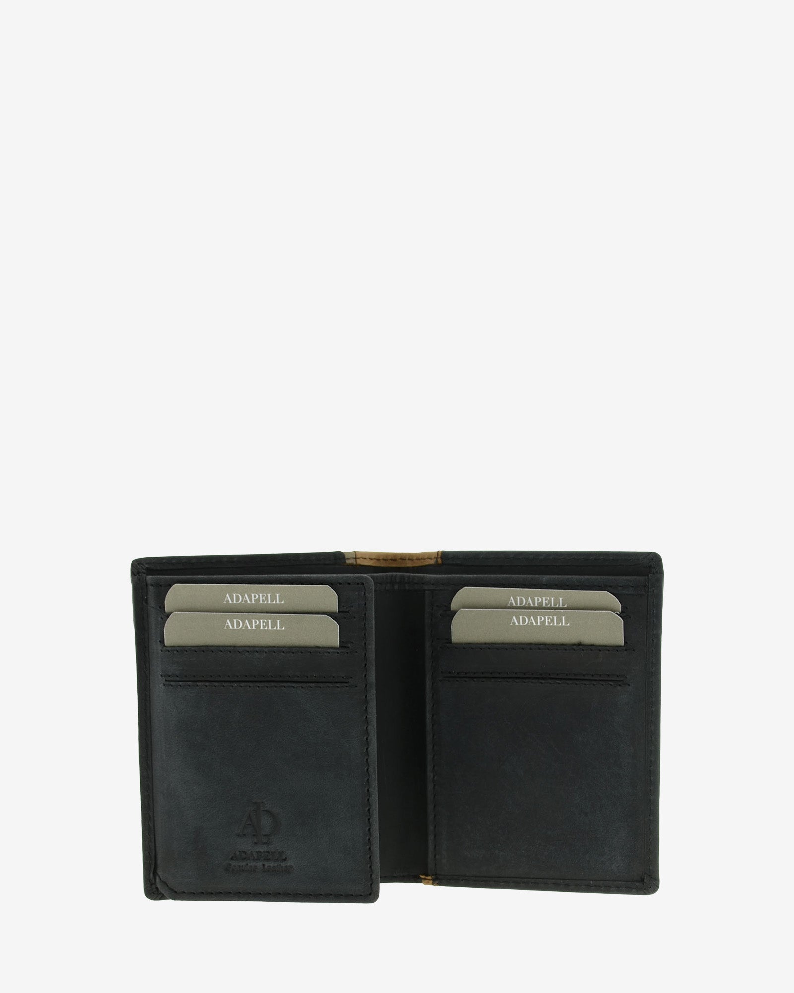 Cartera de hombre de piel genuina en color negro con marrón claro, vista interior mostrando compartimentos interiores, referencia 1642-1