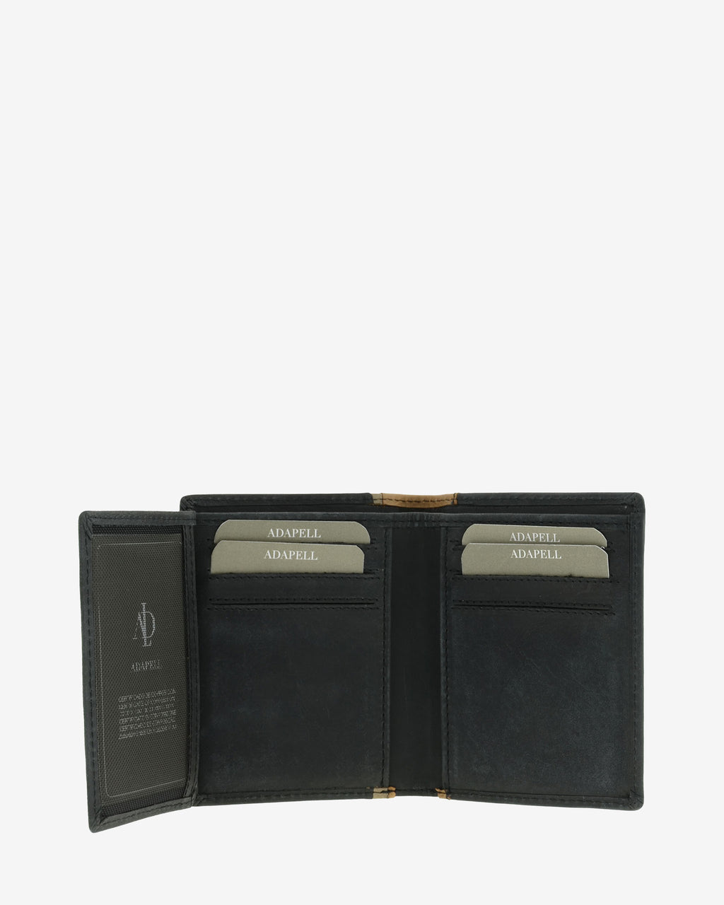 Cartera de hombre de piel genuina en color negro con marrón claro, vista interior abierta mostrando compartimentos interiores, referencia 1642-1