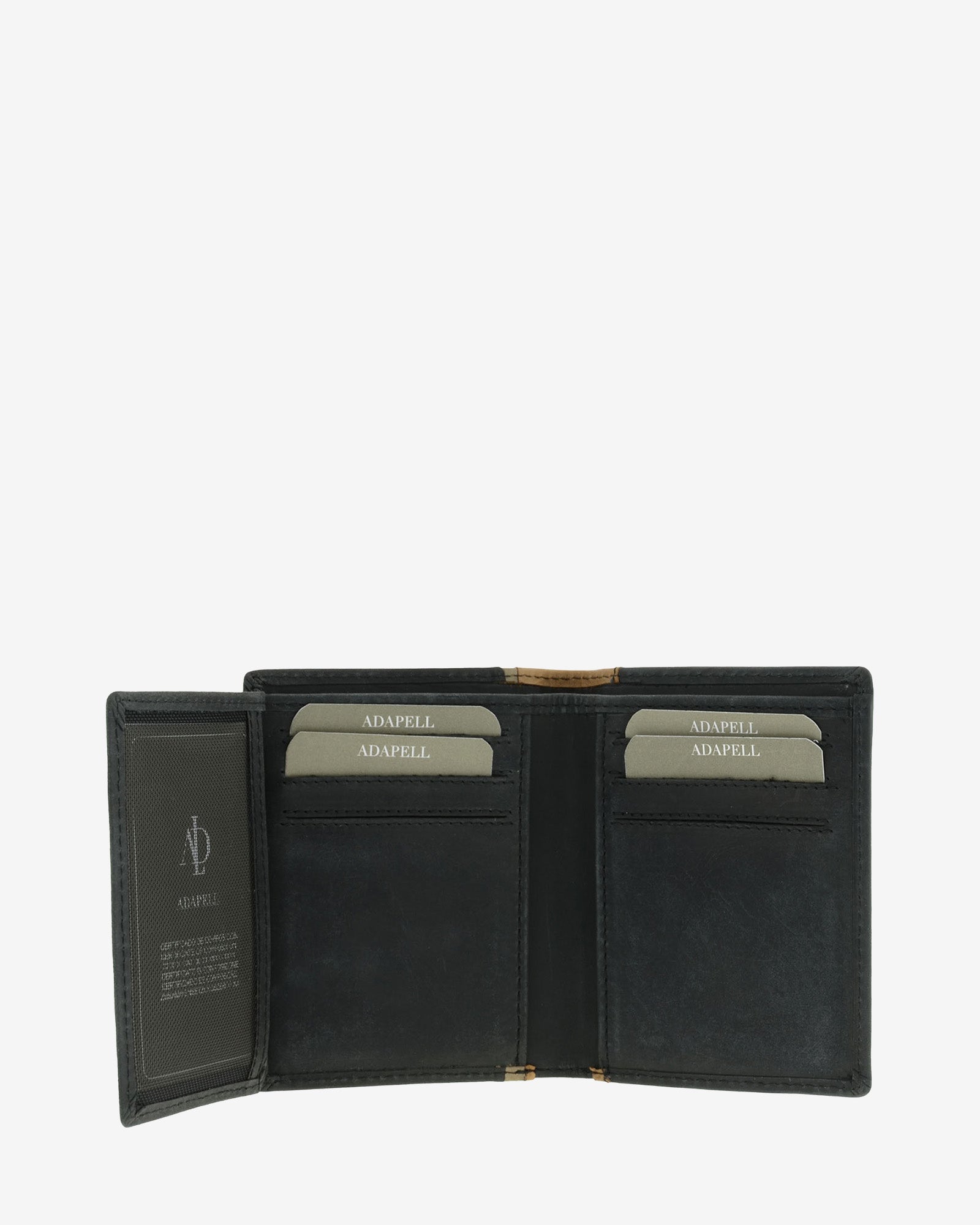 Cartera de hombre de piel genuina en color negro con marrón claro, vista interior abierta mostrando compartimentos interiores, referencia 1642-1