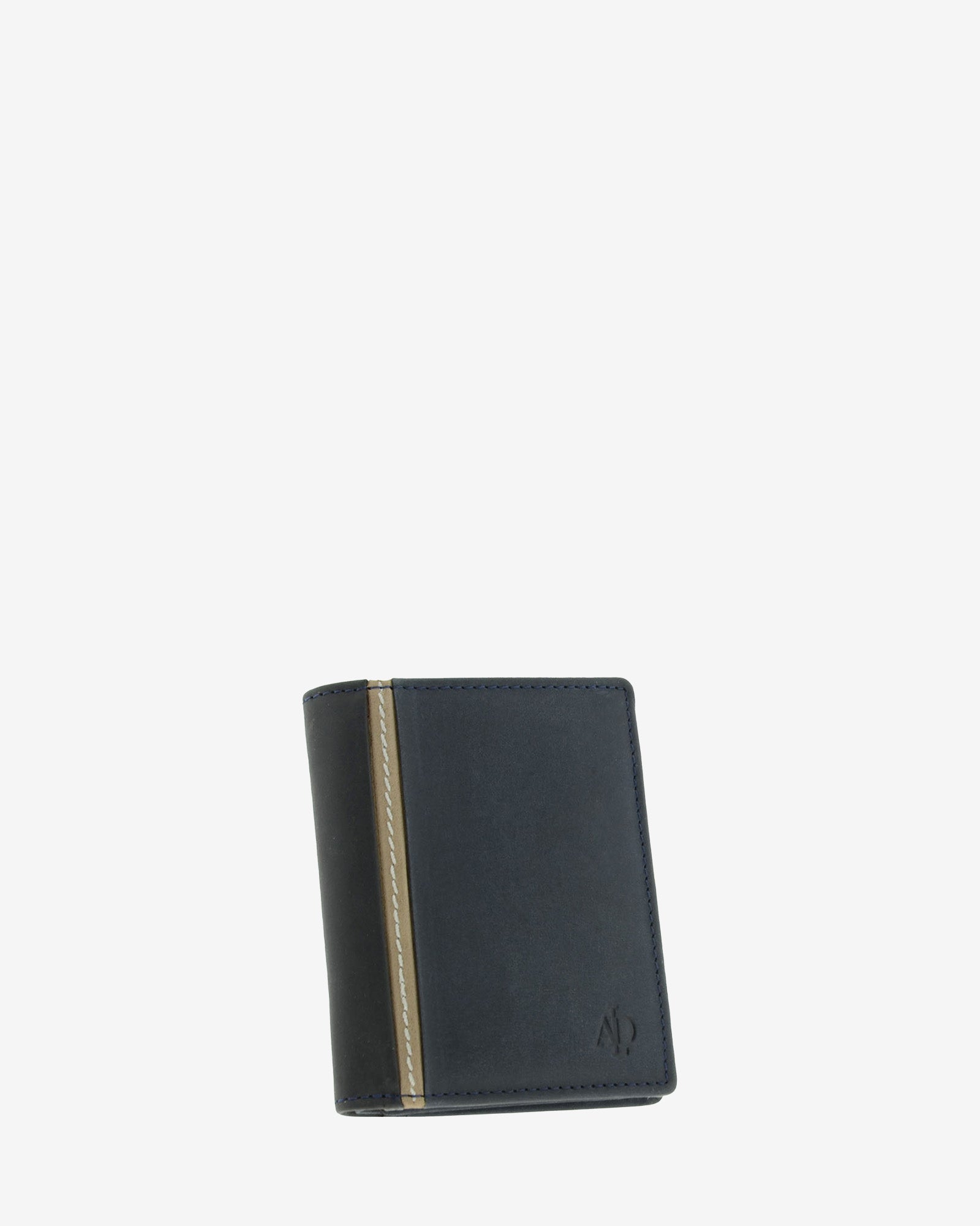Cartera de hombre de piel genuina en color marino con negro, vista frontal mostrando diseño y volumen, referencia 1642-20
