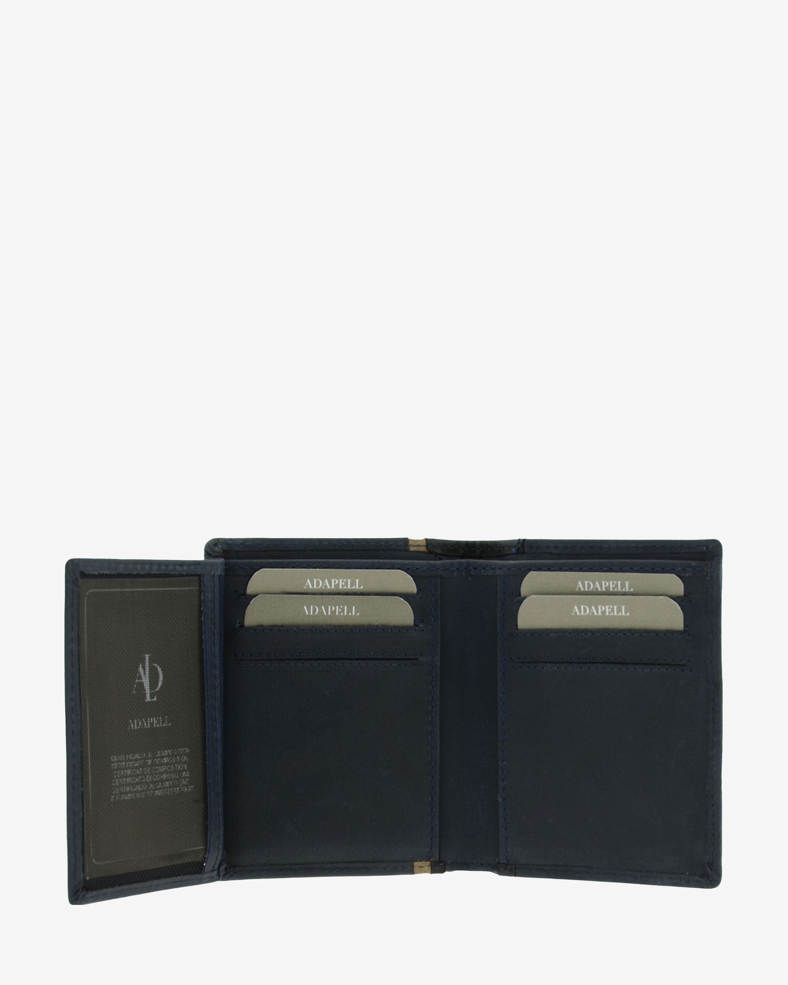 Cartera de hombre de piel genuina en color marino con negro, vista interior abierta mostrando compartimentos interiores, referencia 1642-20