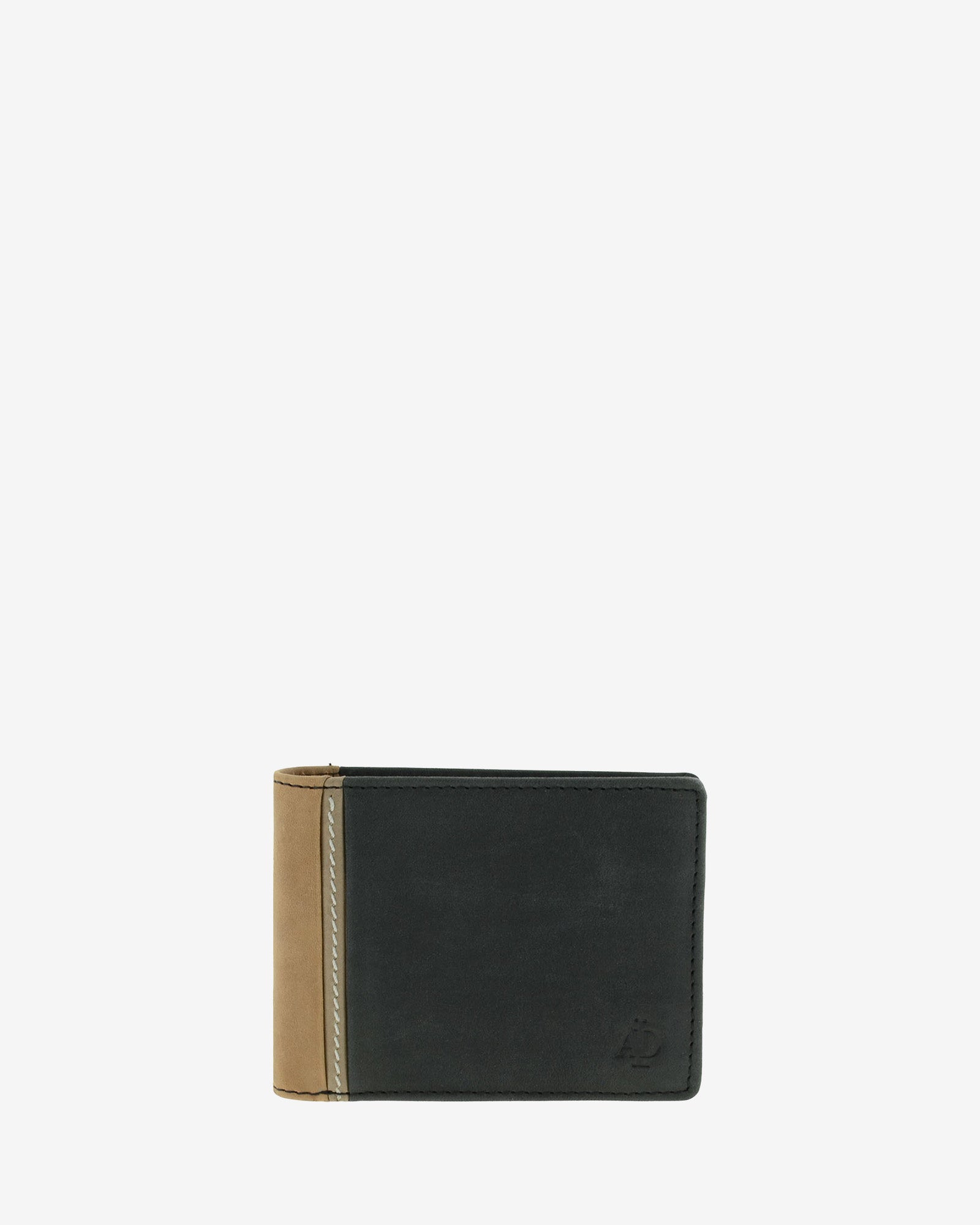 Cartera de hombre de piel genuina en color negro con marrón claro, vista frontal plana, referencia 1643-1