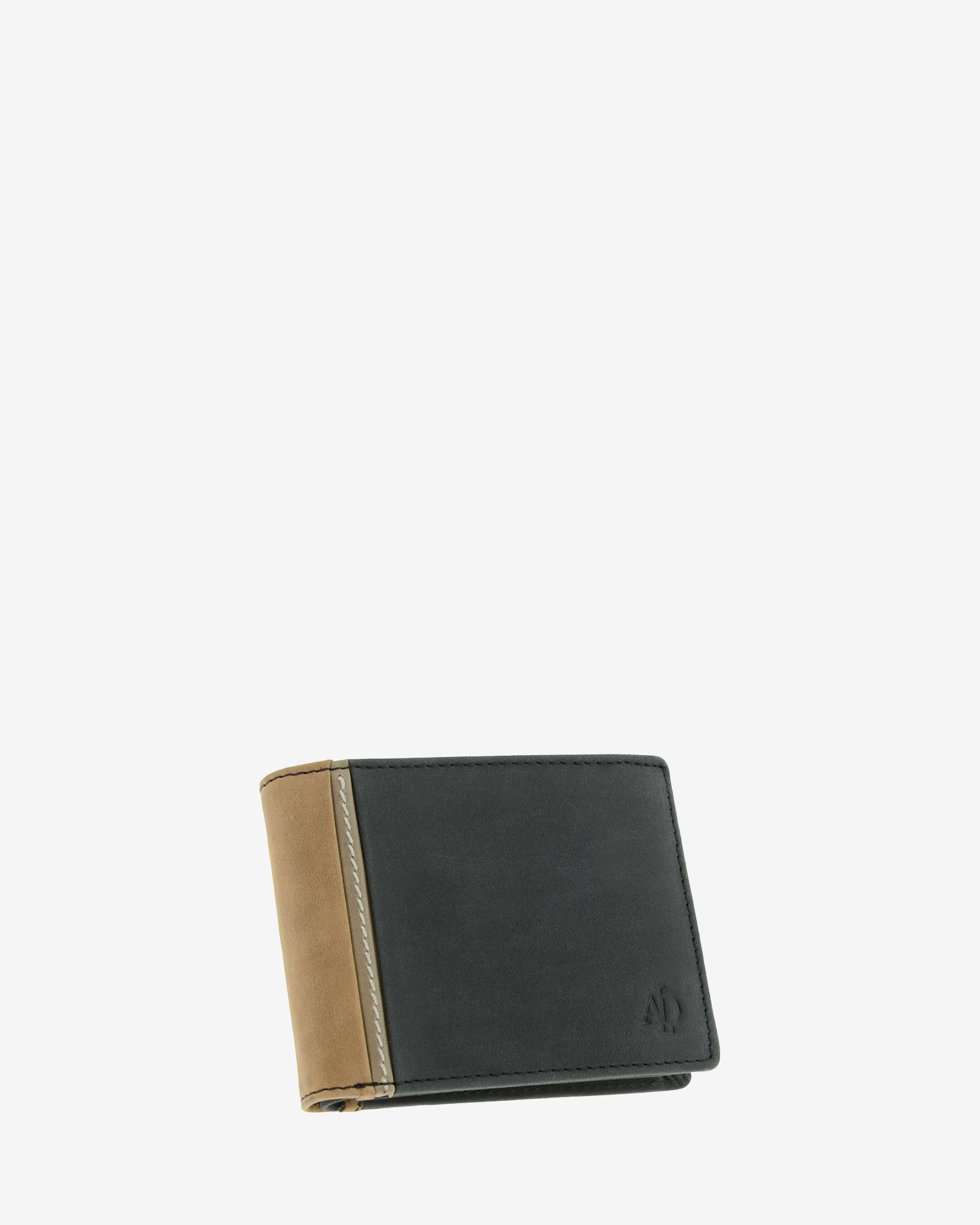 Cartera de hombre de piel genuina en color negro con marrón claro, vista frontal mostrando diseño y volumen, referencia 1643-1
