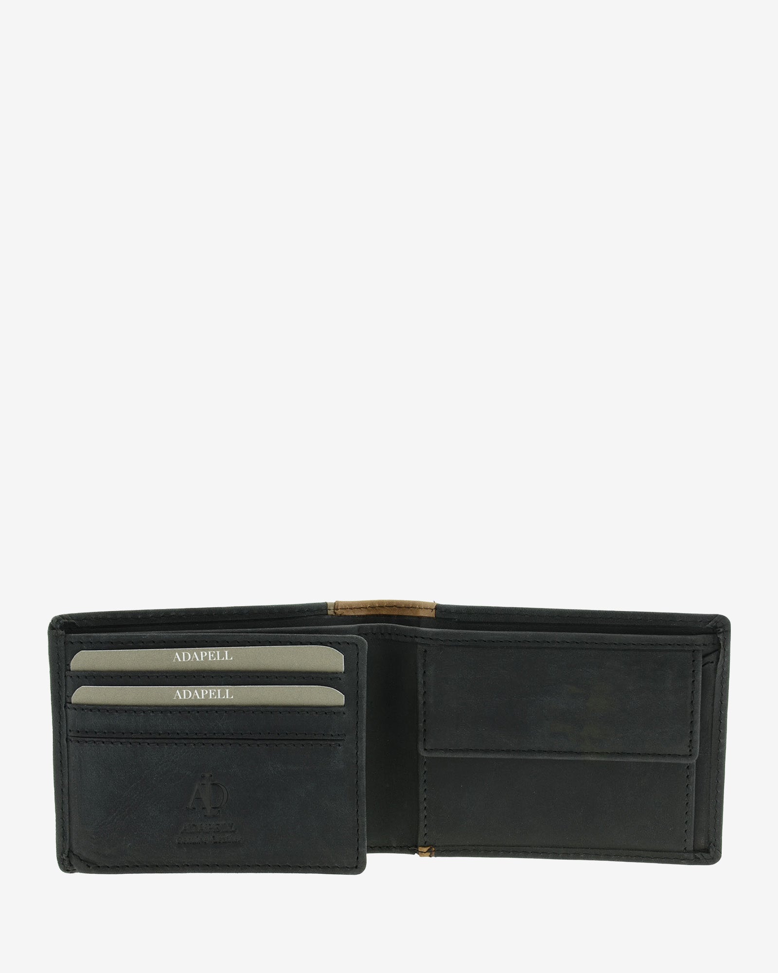 Cartera de hombre de piel genuina en color negro con marrón claro, vista interior mostrando compartimentos interiores y monedero, referencia 1643-1