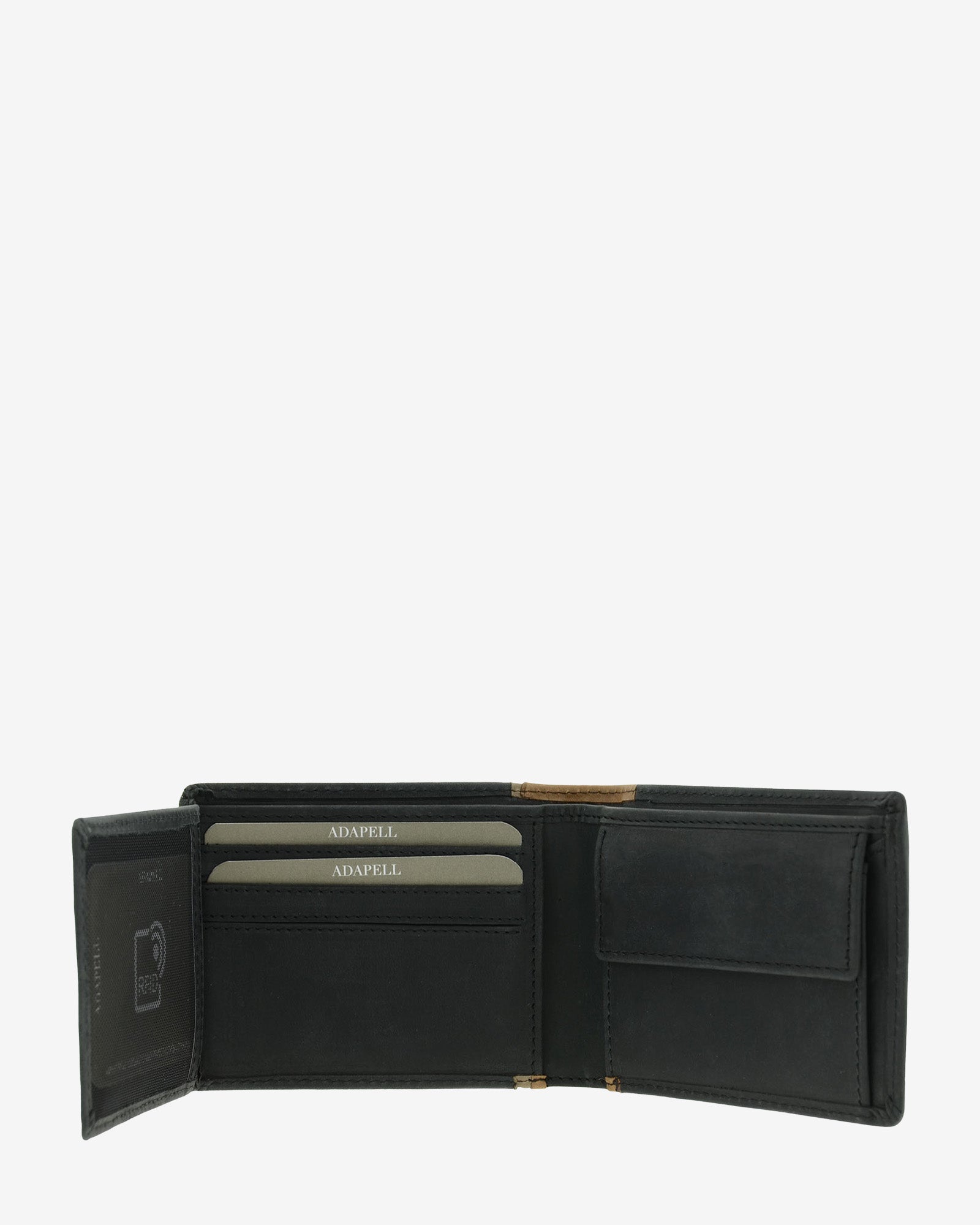 Cartera de hombre de piel genuina en color negro con marrón claro, vista interior abierta mostrando compartimentos interiores y monedero, referencia 1643-1