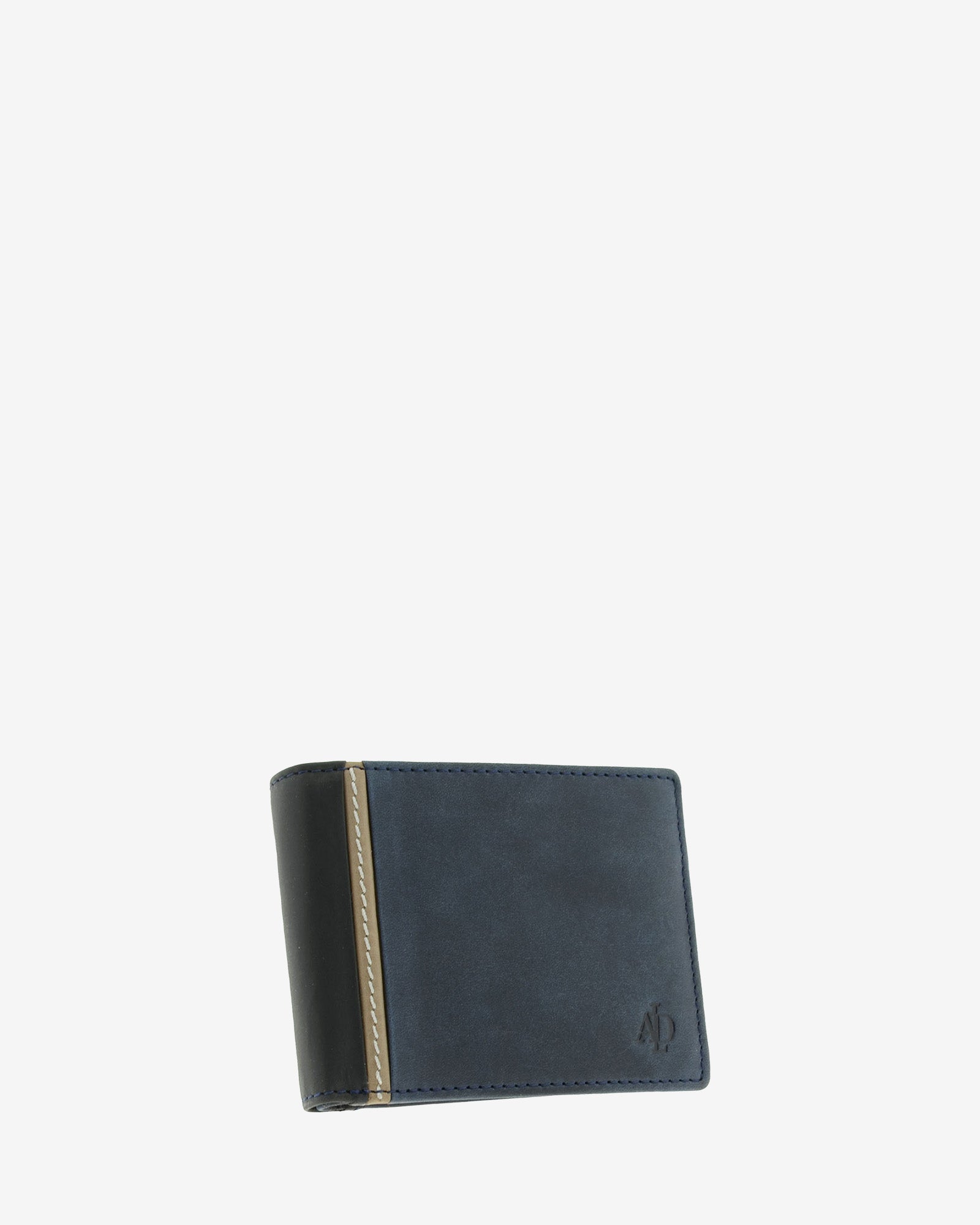 Cartera de hombre de piel genuina en color marino con negro, vista frontal mostrando diseño y volumen, referencia 1643-20