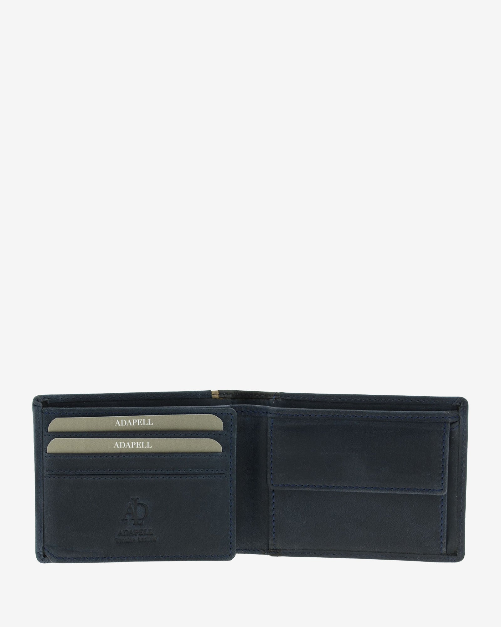 Cartera de hombre de piel genuina en color marino con negro, vista interior mostrando compartimentos interiores y monedero, referencia 1643-20
