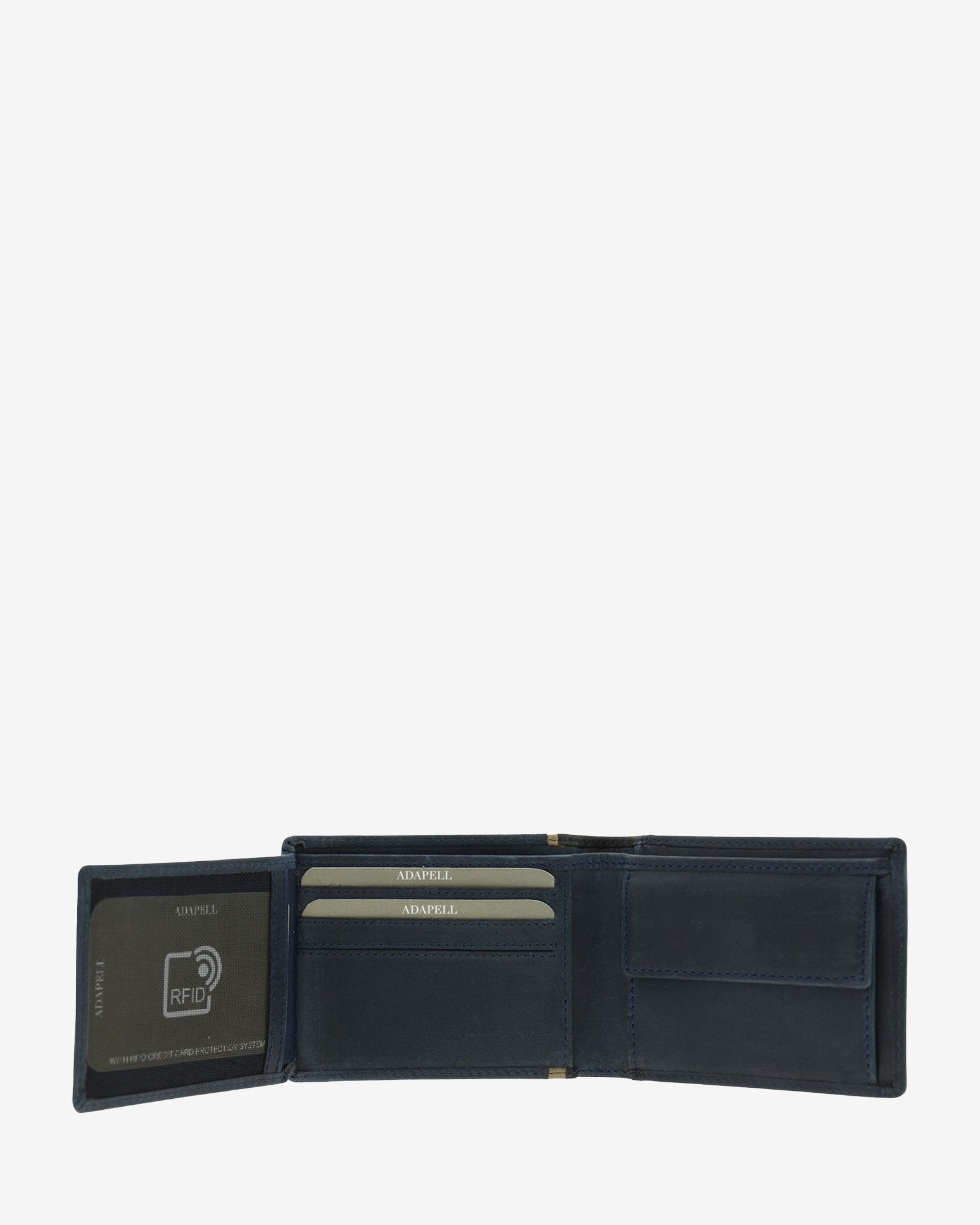 Cartera de hombre de piel genuina en color marino con negro, vista interior abierta mostrando compartimentos interiores y monedero, referencia 1643-20
