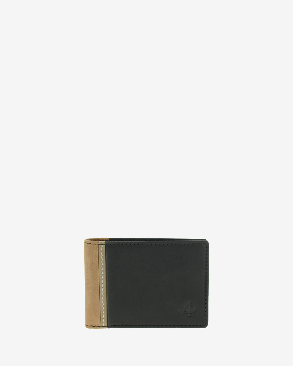 Cartera de hombre pequeña de piel genuina en color negro con marrón claro, vista frontal plana, referencia 1644-1