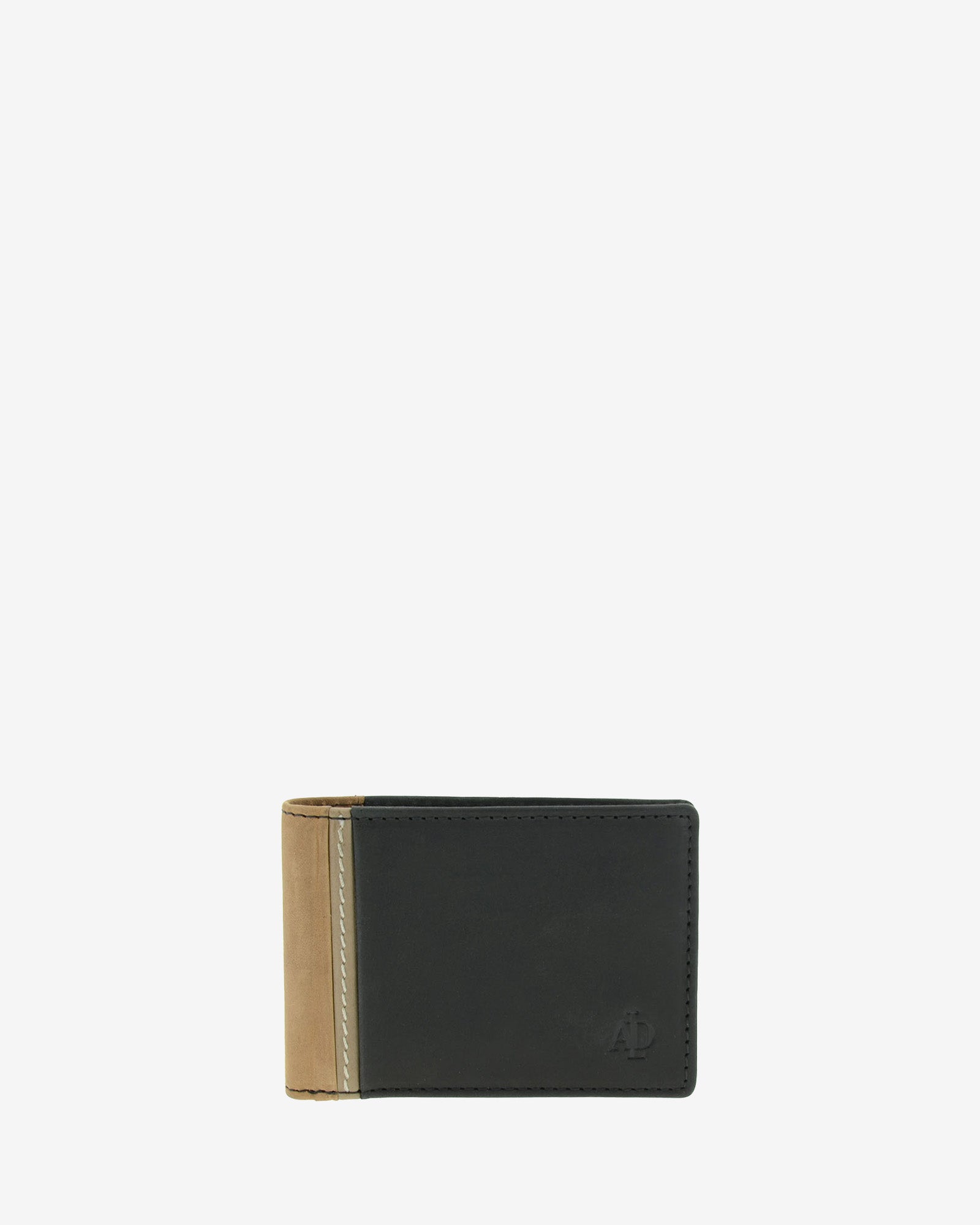 Cartera de hombre pequeña de piel genuina en color negro con marrón claro, vista frontal plana, referencia 1644-1