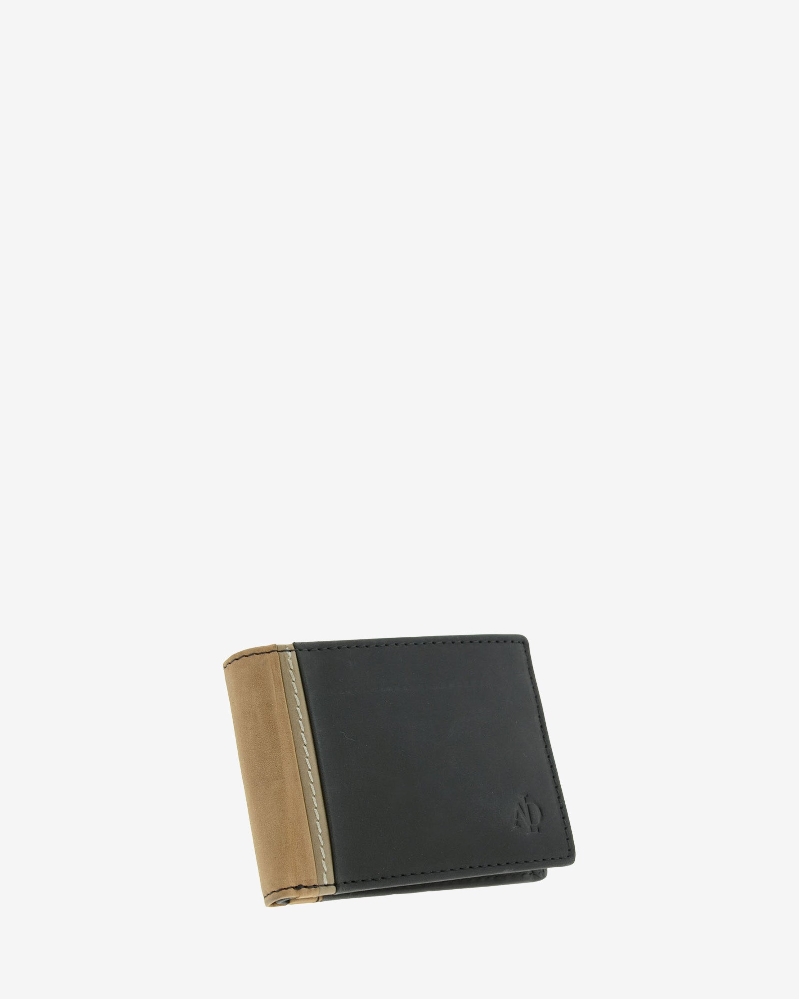 Cartera de hombre pequeña en  piel genuina en color negro con marrón claro, vista frontal mostrando diseño y volumen, referencia 1644-1