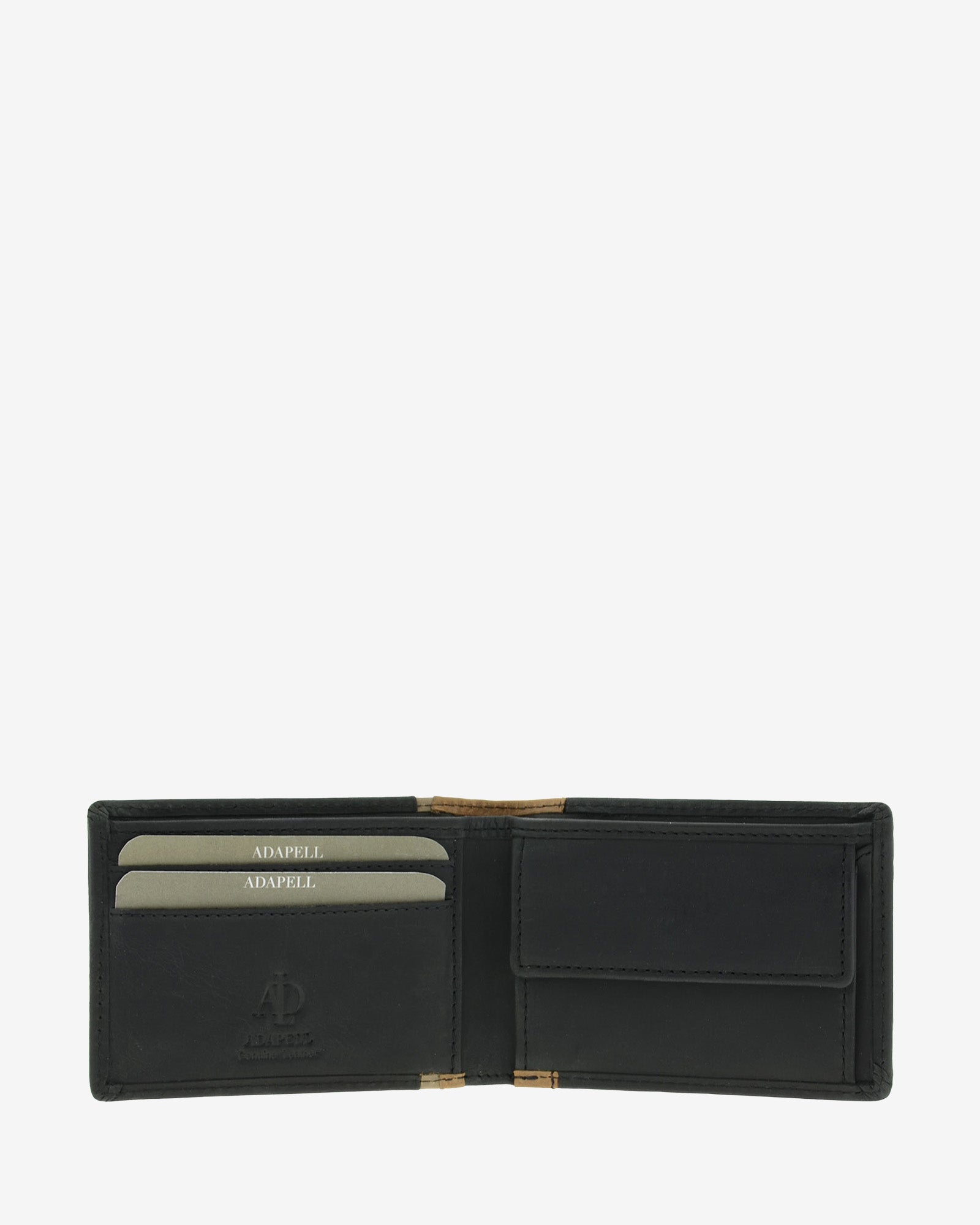 Cartera de hombre pequeña de piel genuina en color negro con marrón claro, vista interior mostrando compartimentos interiores y monedero, referencia 1644-1