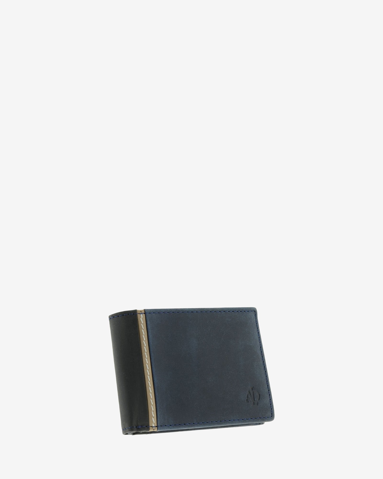 Cartera de hombre pequeña de piel genuina en color marino con negro, vista frontal mostrando diseño y volumen, referencia 1644-20