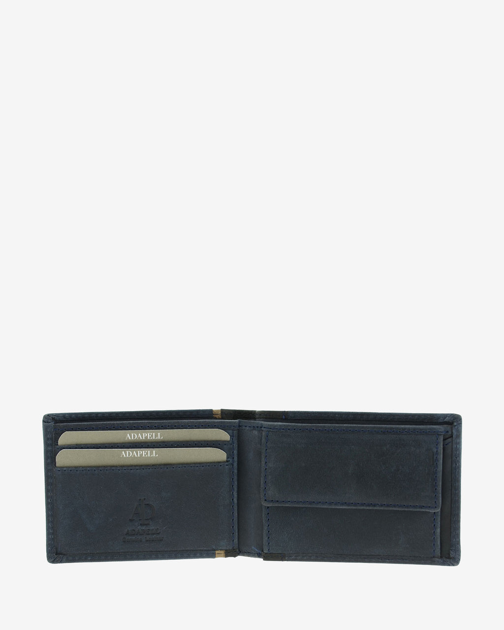 Cartera de hombre pequeña de piel genuina en color marino con negro, vista interior mostrando compartimentos interiores y monedero referencia 1644-20