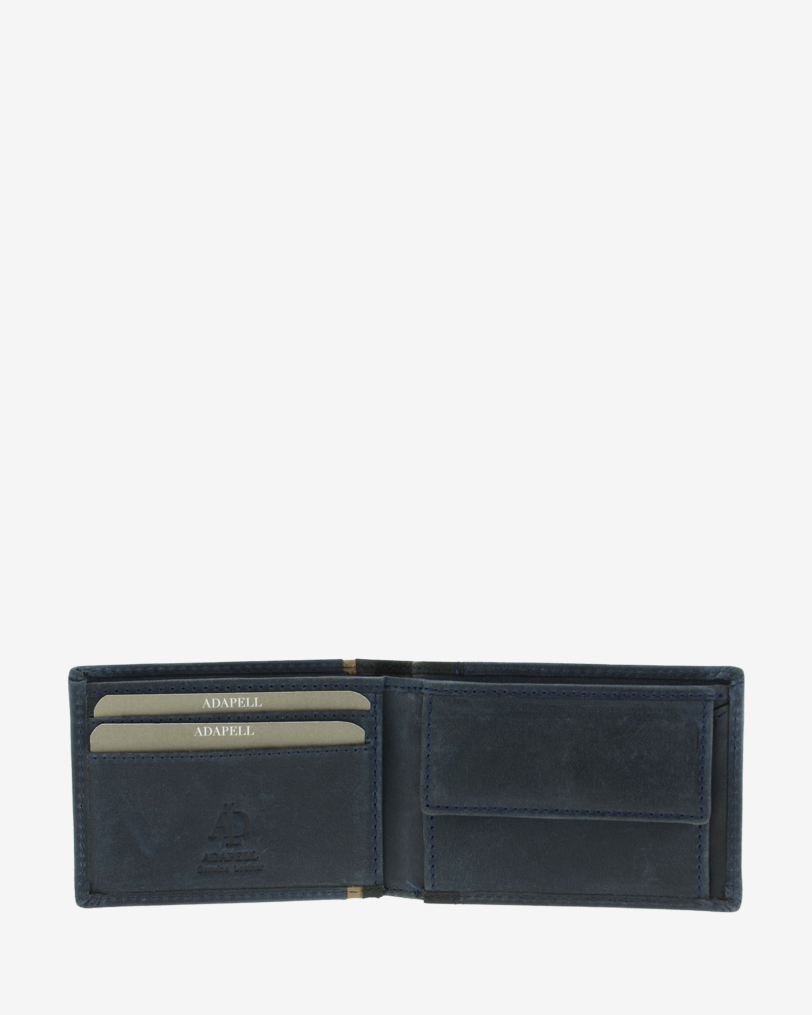 Cartera de hombre pequeña de piel genuina en color marino con negro, vista interior mostrando compartimentos interiores y monedero referencia 1644-20